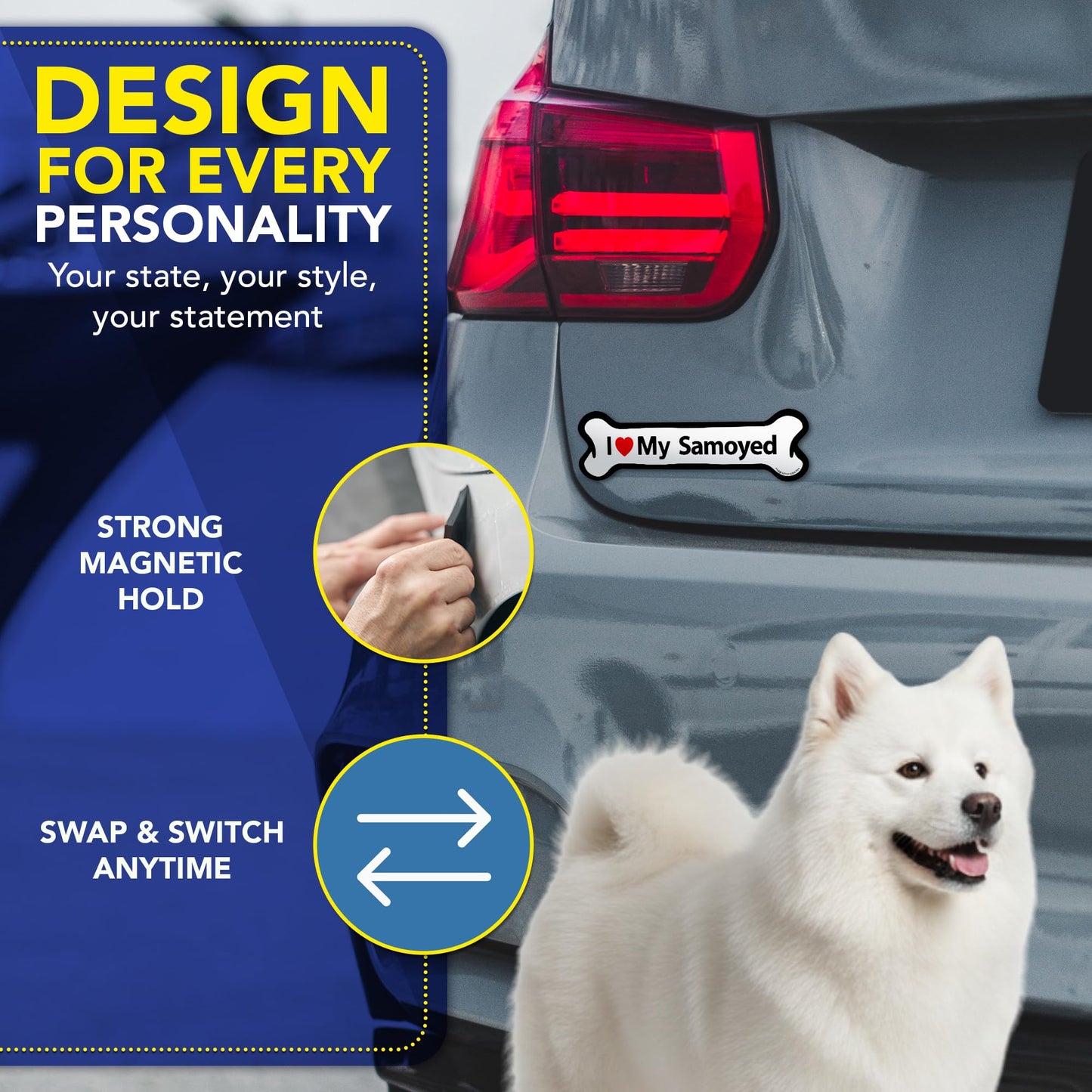 Magnet Me Up I Love My Samoyed Dog 2x7 Inches Bone-Shaped Car Magnet - Ideal Gift for Dog Lover, Magnetic Decal for Cars, Trucks & SUVs, Vinyl Weatherproof, Full-Color UV Printed, Crafted in USA