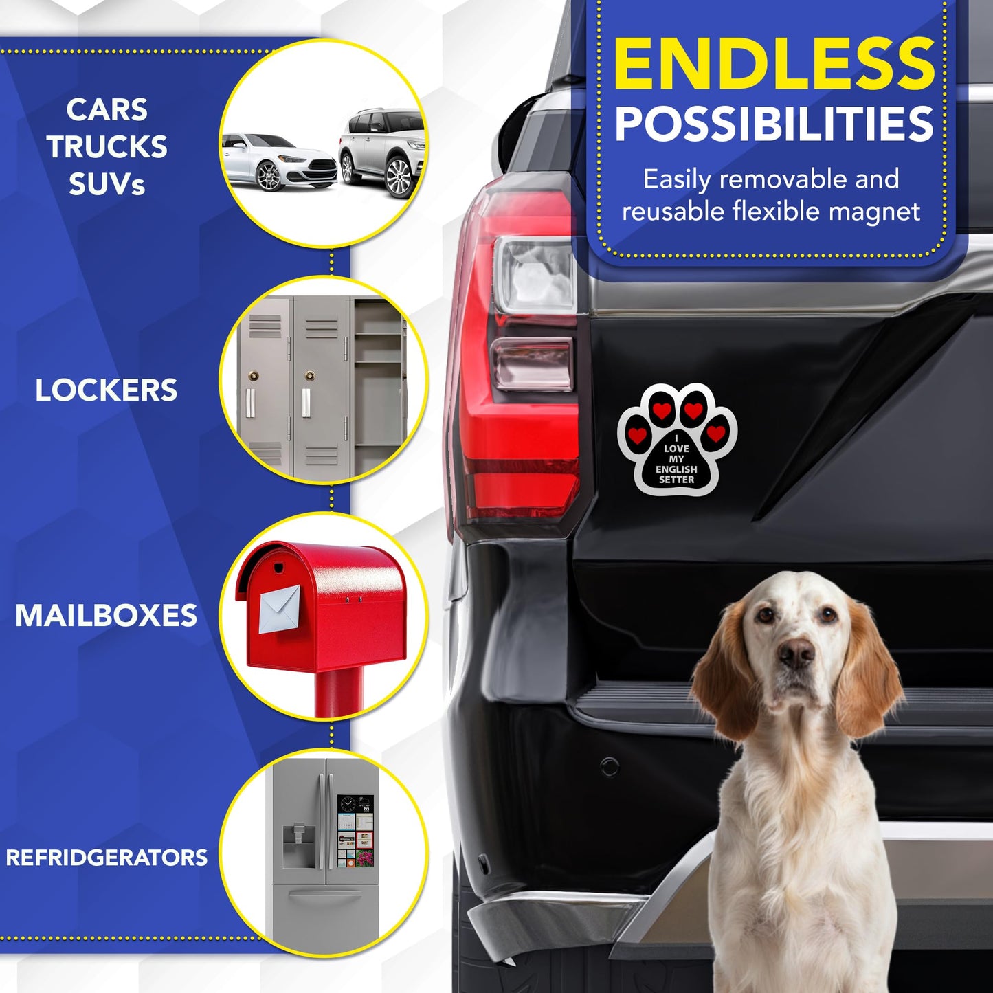Magnet Me Up I Love My English Setter 5 Inches Car Magnet - Pawprint-Shaped Magnetic Decal for Cars, Trucks and SUVs, Ideal Gifts for Dog Lovers, Vinyl, Waterproof, UV Printed, Crafted in USA