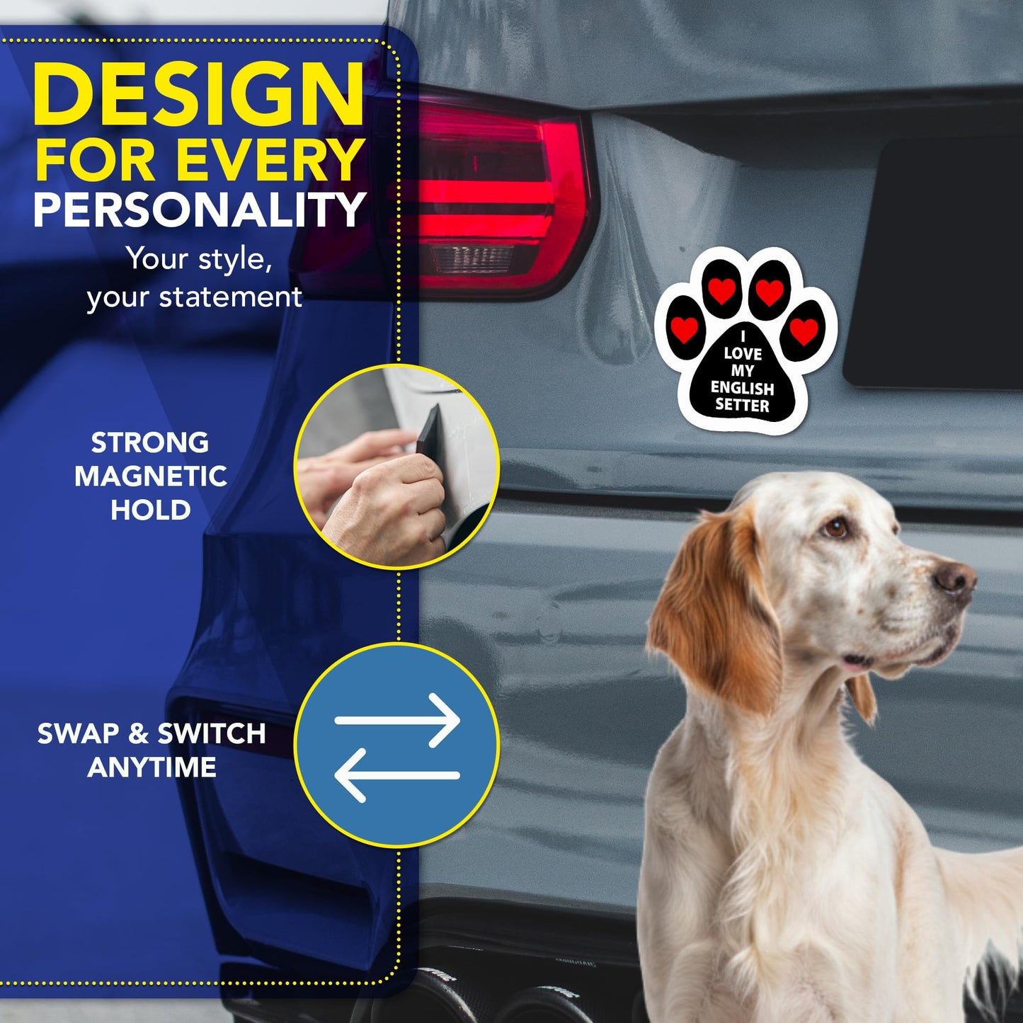 Magnet Me Up I Love My English Setter 5 Inches Car Magnet - Pawprint-Shaped Magnetic Decal for Cars, Trucks and SUVs, Ideal Gifts for Dog Lovers, Vinyl, Waterproof, UV Printed, Crafted in USA