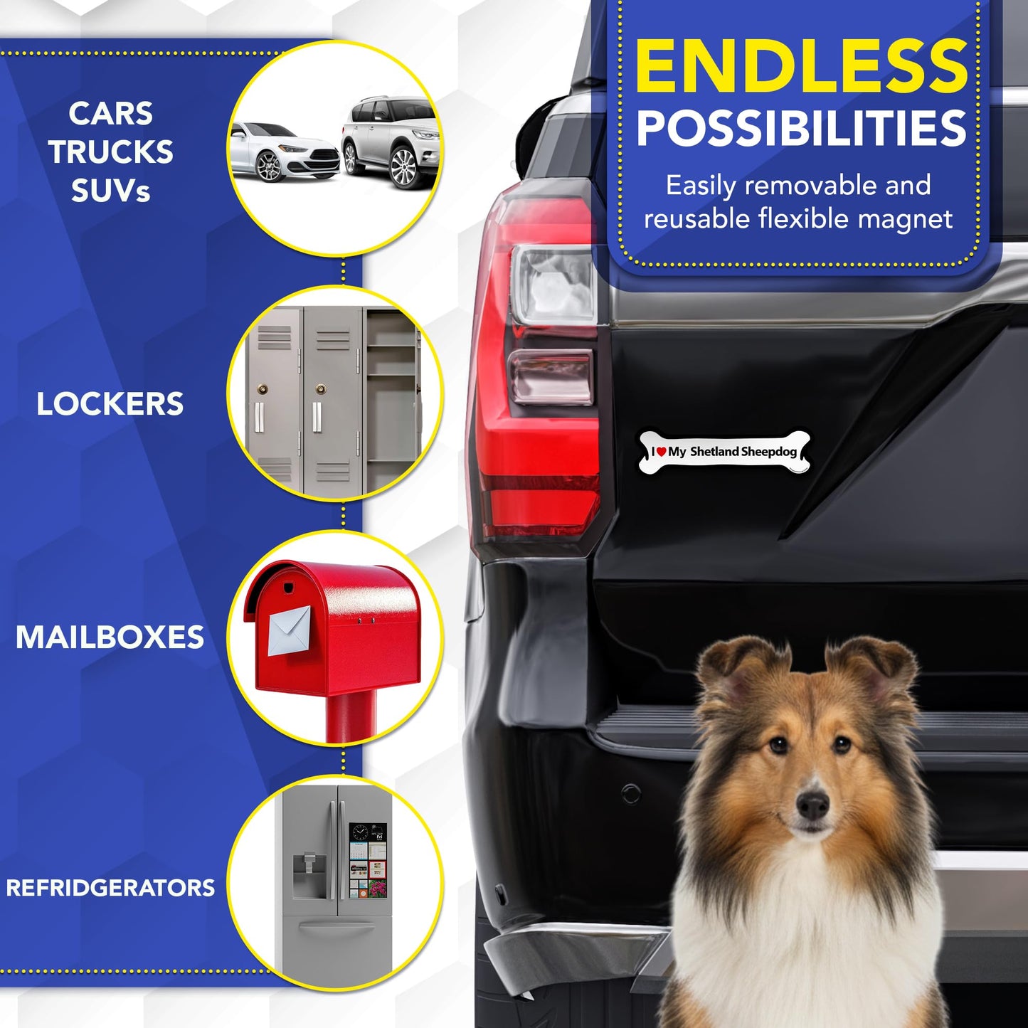 Magnet Me Up I Love My Shetland Sheepdog Car Magnet Bone-Shaped 2x7 Inches - Magnetic Decal for Cars, Trucks and SUVs, Ideal Gift for Dog Lovers, Vinyl UV-Printed Weatherproof, Crafted in USA