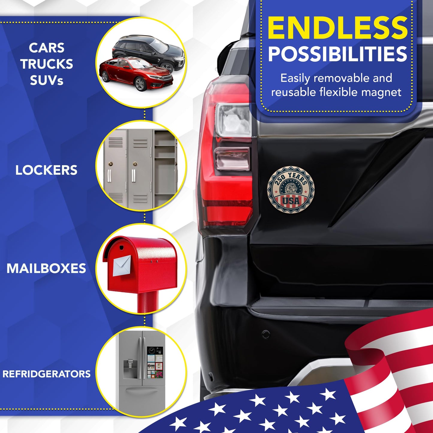 Magnet Me Up USA 250 Years Design Car Magnet, 5" Round - Vintage Patriotic Eagle, 250th Anniversary Semiquincentennial Magnet for Cars, Trucks, SUVs, UV Printed, Souvenir, Crafted in USA