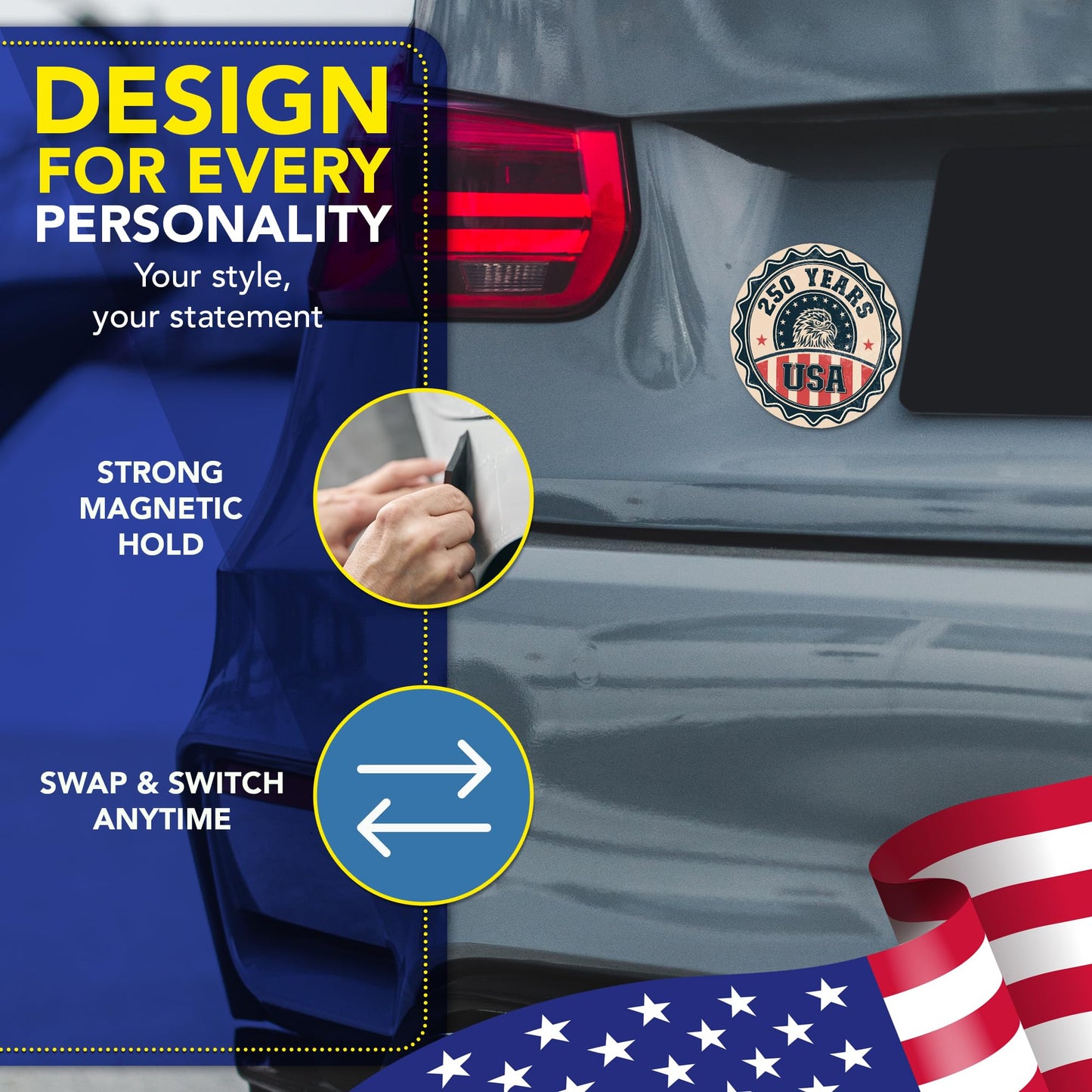Magnet Me Up USA 250 Years Design Car Magnet, 5" Round - Vintage Patriotic Eagle, 250th Anniversary Semiquincentennial Magnet for Cars, Trucks, SUVs, UV Printed, Souvenir, Crafted in USA