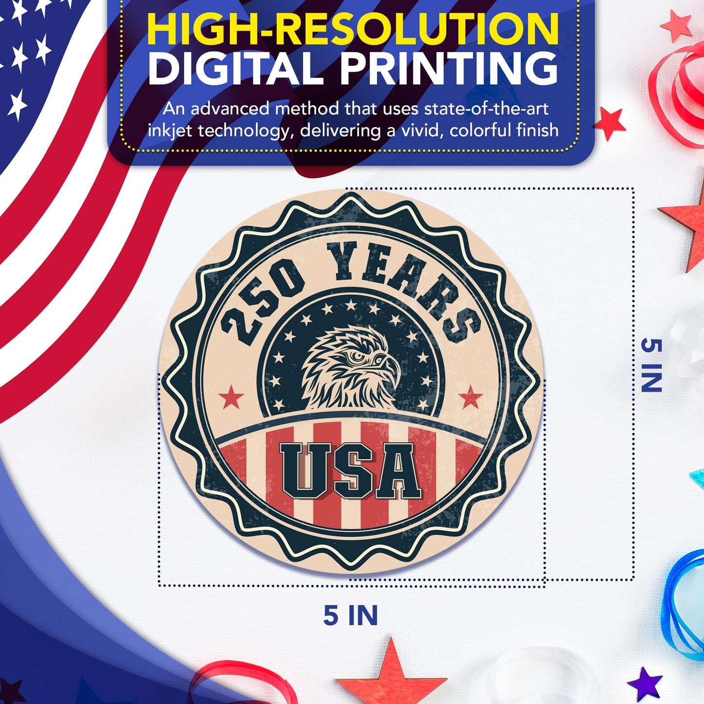 Magnet Me Up USA 250 Years Design Car Magnet, 5" Round - Vintage Patriotic Eagle, 250th Anniversary Semiquincentennial Magnet for Cars, Trucks, SUVs, UV Printed, Souvenir, Crafted in USA