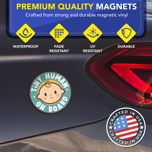 Magnet Me Up Tiny Human on Board Boy 5" Round Car Magnet - Funny Baby on Board Magnetic Decal for Cars, Trucks & SUVs, Cute Infant Safety Sign, UV-Printed Weatherproof Accessory, Crafted in USA