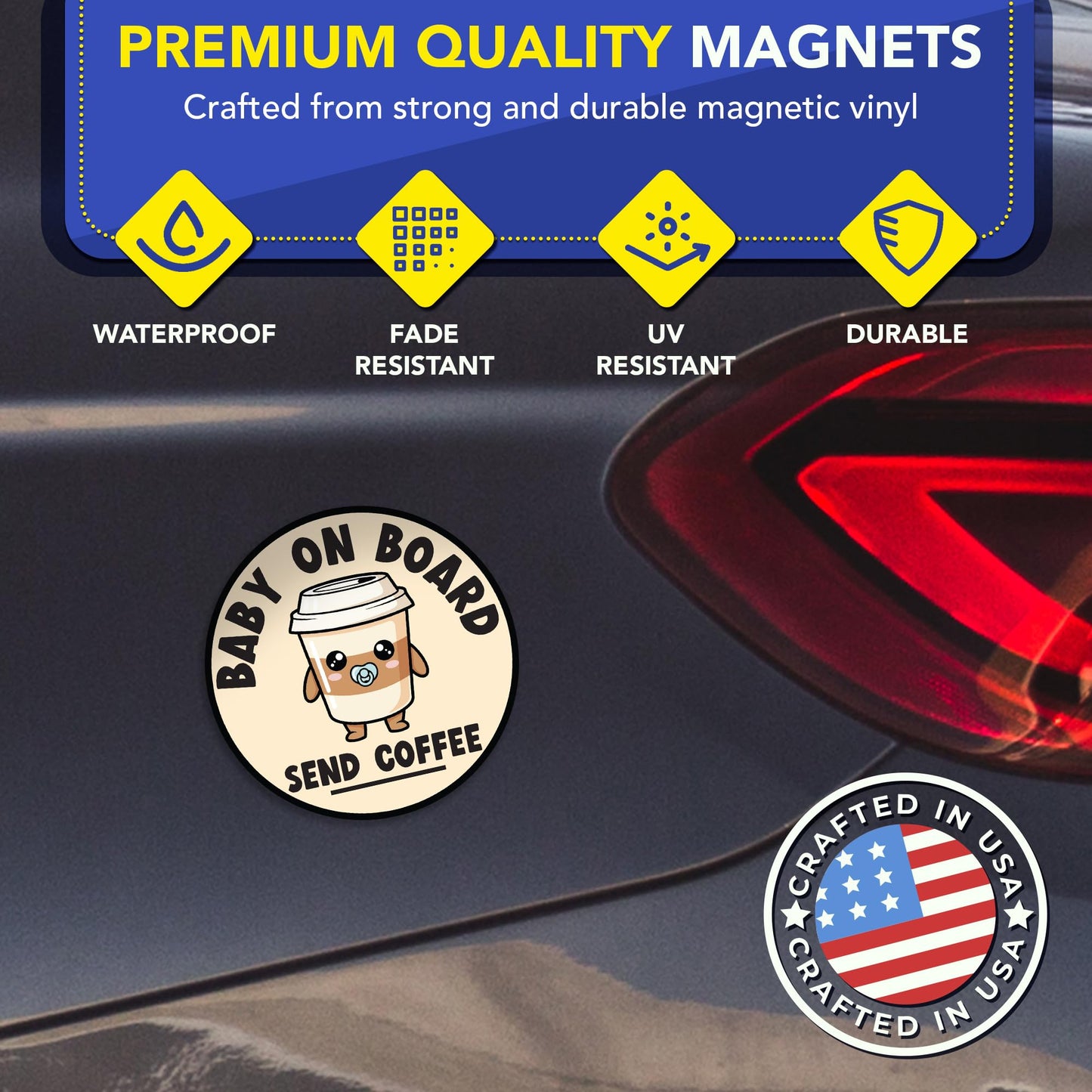 Magnet Me Up Baby on Board Send Coffee Car Magnet - 5" Round Funny New Parent Magnetic Decal for Cars, Trucks & SUVs, Cute Baby Humor Sign, UV-Printed Weatherproof Vinyl Accessory, Crafted in USA