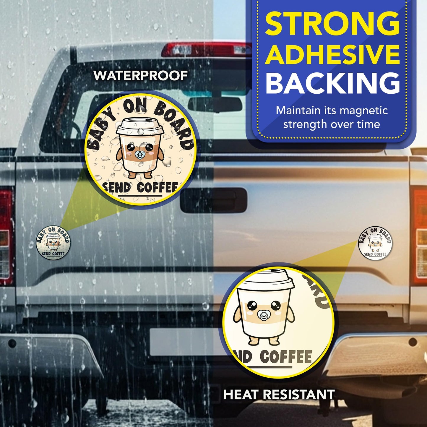 Magnet Me Up Baby on Board Send Coffee Car Magnet - 5" Round Funny New Parent Magnetic Decal for Cars, Trucks & SUVs, Cute Baby Humor Sign, UV-Printed Weatherproof Vinyl Accessory, Crafted in USA