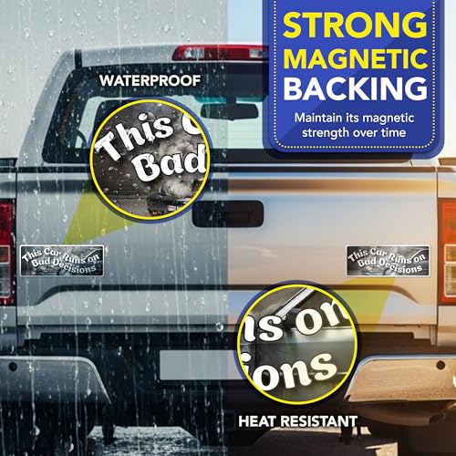 Magnet Me Up This Car Runs on Bad Decisions 3" x 8" Funny Car Magnet - Humor Bumper Magnetic Decal for Cars, Trucks and SUVs Accessory, Weatherproof Full Color UV-Printed Vinyl, Crafted in USA