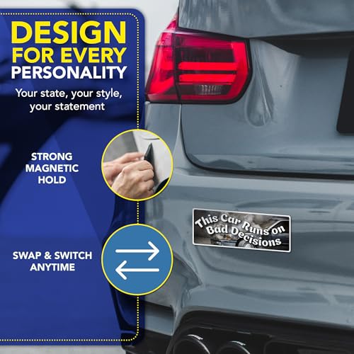 Magnet Me Up This Car Runs on Bad Decisions 3" x 8" Funny Car Magnet - Humor Bumper Magnetic Decal for Cars, Trucks and SUVs Accessory, Weatherproof Full Color UV-Printed Vinyl, Crafted in USA