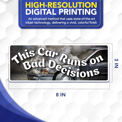 Magnet Me Up This Car Runs on Bad Decisions 3" x 8" Funny Car Magnet - Humor Bumper Magnetic Decal for Cars, Trucks and SUVs Accessory, Weatherproof Full Color UV-Printed Vinyl, Crafted in USA