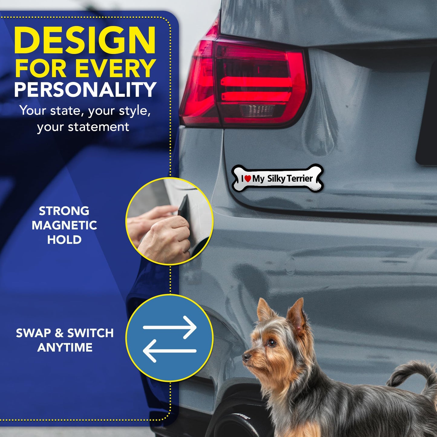 Magnet Me Up I Love My Silky Terrier Car Magnet 2x7 Inches Bone-Shaped - Magnetic Decal for Cars, Trucks & SUVs, Ideal Dog Lover Gift, Waterproof Outdoor Durable UV-Printed Vinyl, Crafted in USA