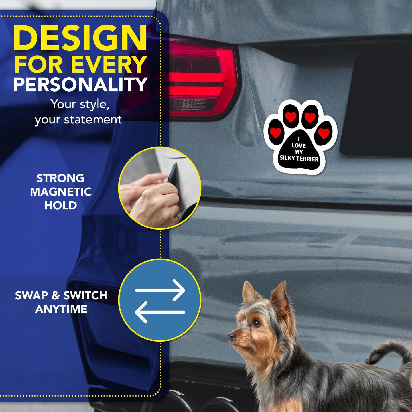Magnet Me Up I Love My Silky Terrier Car Magnet 5 Inches Pawprint-Shaped - Magnetic Decal for Cars, Trucks & SUVs, Ideal Dog Lover Gift, Waterproof Outdoor Durable UV-Printed Vinyl, Crafted in USA