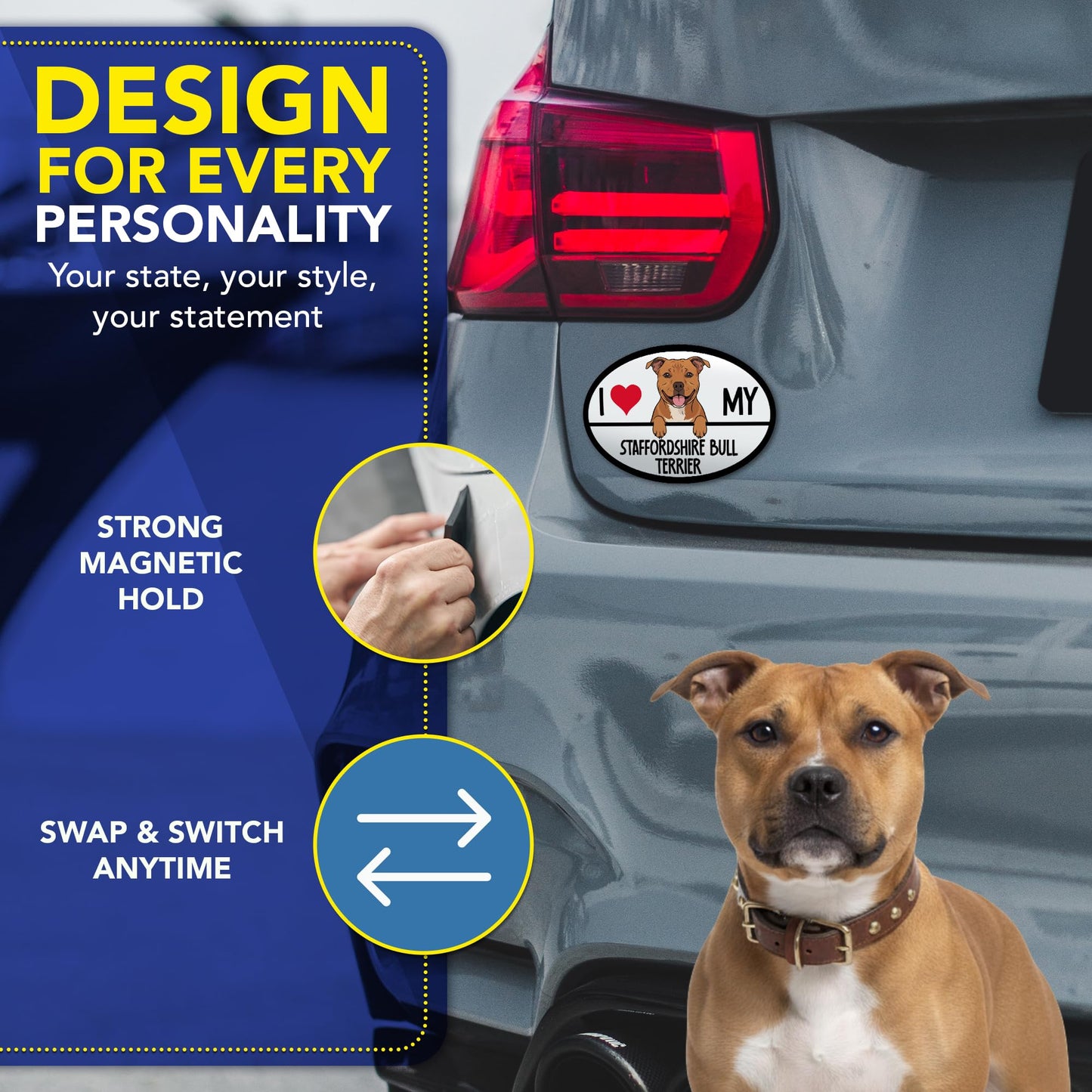 Magnet Me Up I Love My Staffordshire Bull Terrier 4x6 Inches Oval Car Magnet Gift - Magnetic Decal Accessory for Cars, Trucks and SUVs, Full Color UV-Printed Waterproof Vinyl, Crafted in USA