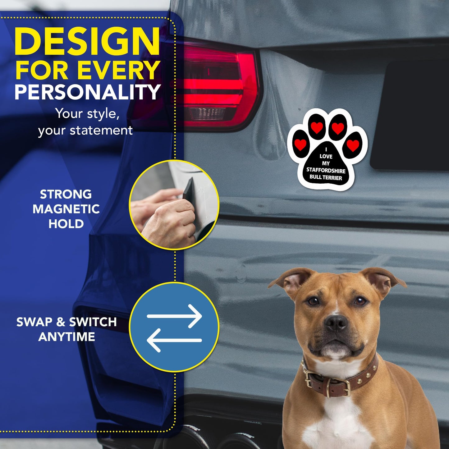 Magnet Me Up I Love My Staffordshire Bull Terrier 5 Inches Pawprint Car Magnet Gift - Magnetic Decal Accessory for Cars, Trucks and SUVs, Full Color UV-Printed Waterproof Vinyl, Crafted in USA