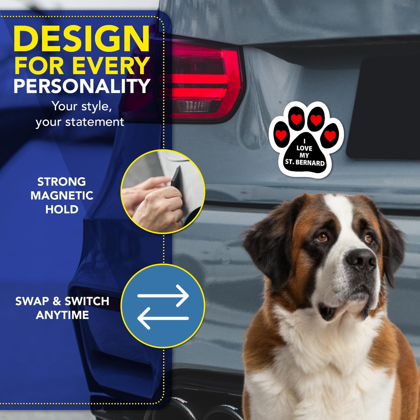 Magnet Me Up I Love My St. Bernard Dog Breed Car Magnet 5" Pawprint Magnetic Decal for Cars, Trucks & SUVs, Ideal Accessory Gift, Waterproof, Outdoor, Durable, UV-Printed, Vinyl, Crafted in USA