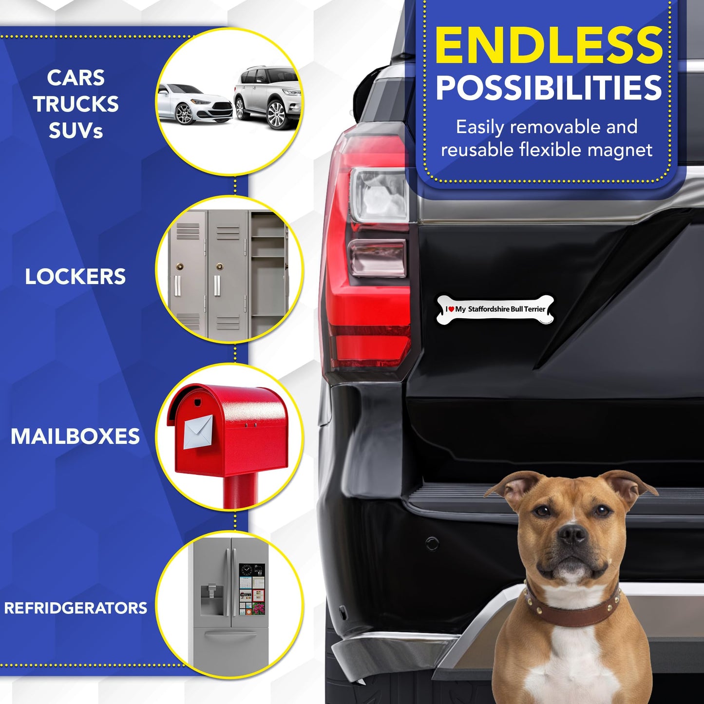 Magnet Me Up I Love My Staffordshire Bull Terrier 2x7 Inches Bone Car Magnet Gift - Magnetic Decal Accessory for Cars, Trucks and SUVs, Full Color UV-Printed Waterproof Vinyl, Crafted in USA