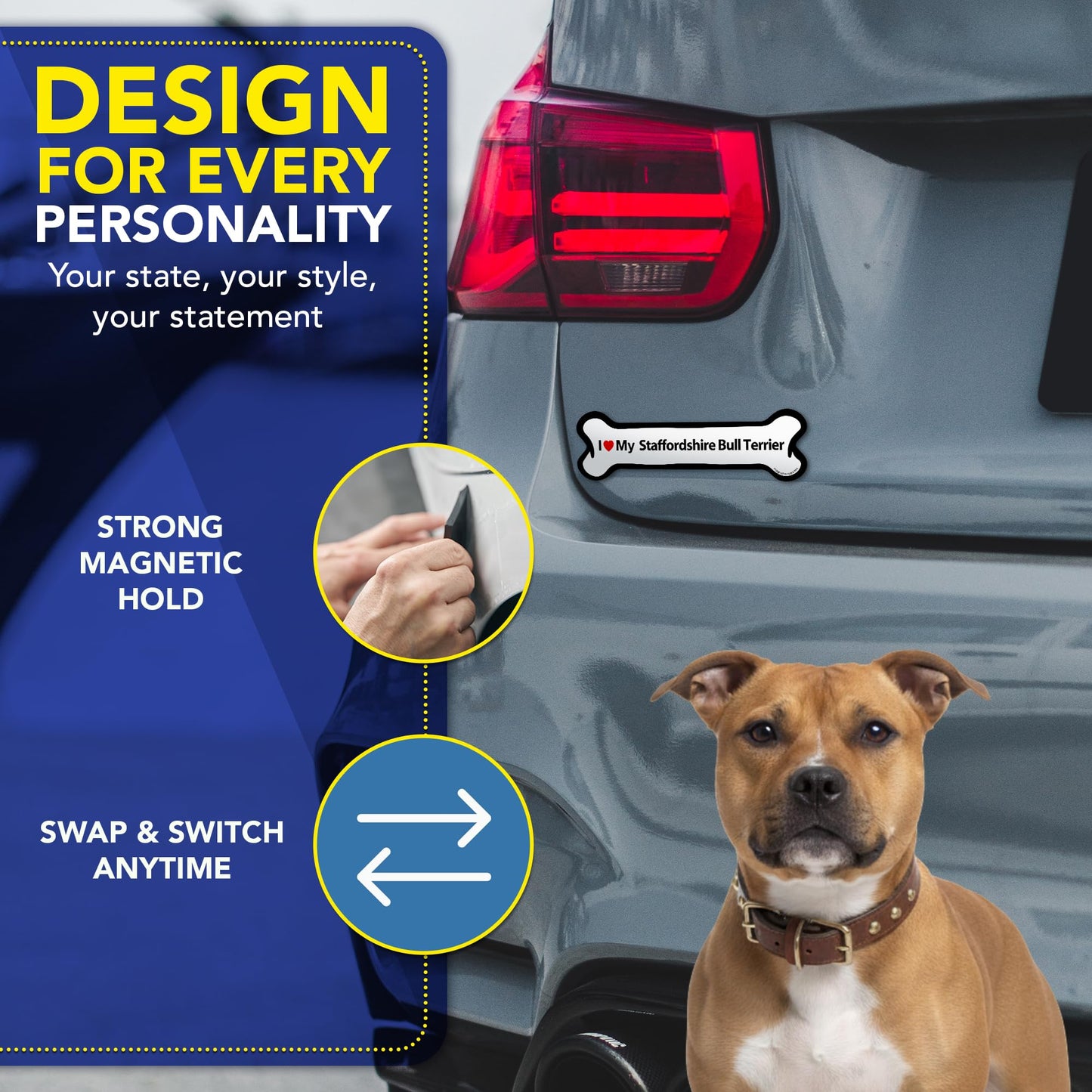 Magnet Me Up I Love My Staffordshire Bull Terrier 2x7 Inches Bone Car Magnet Gift - Magnetic Decal Accessory for Cars, Trucks and SUVs, Full Color UV-Printed Waterproof Vinyl, Crafted in USA