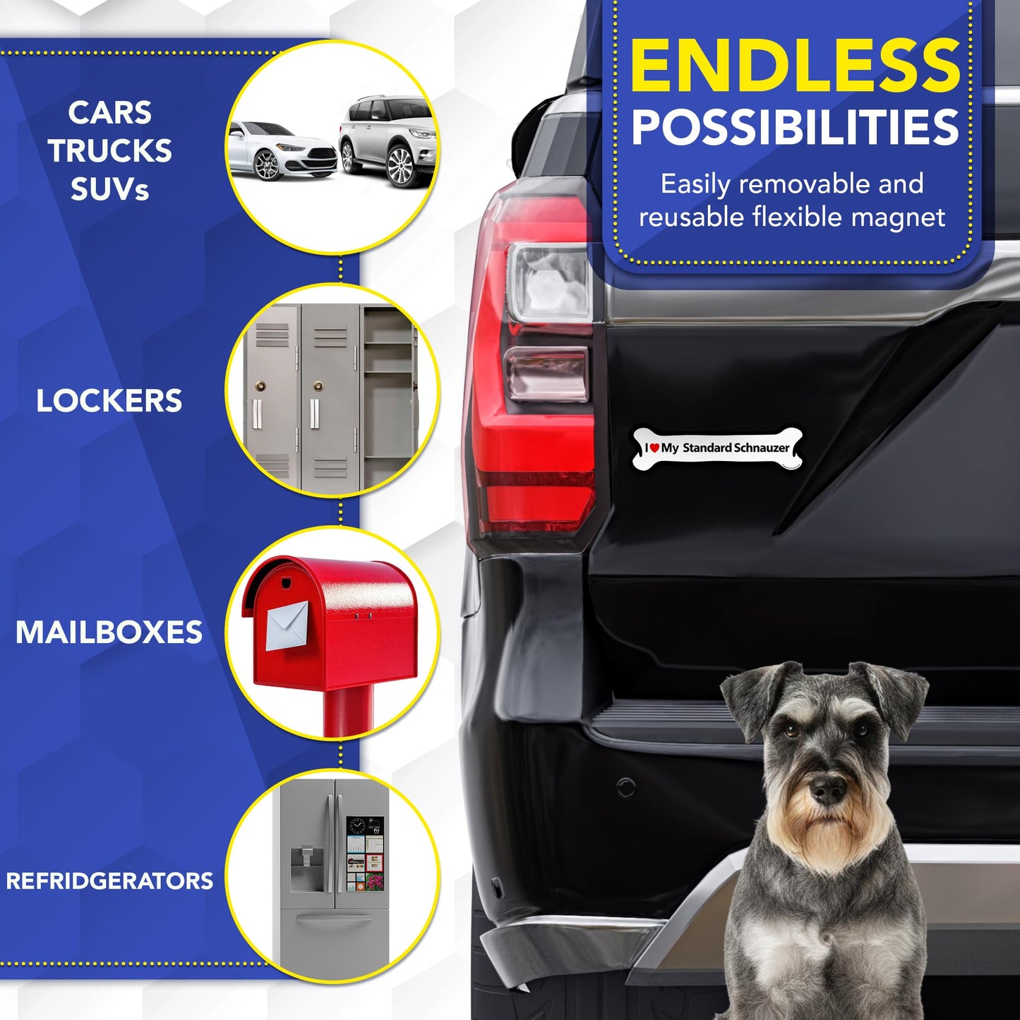 Magnet Me Up I Love My Standard Schnauzer 2x7 Inches Bone-Shaped - Magnetic Decal for Cars, Trucks and SUVs, Ideal Gift for Dog Lover, Car Magnet Accessory, Weatherproof UV-Printed, Crafted in USA