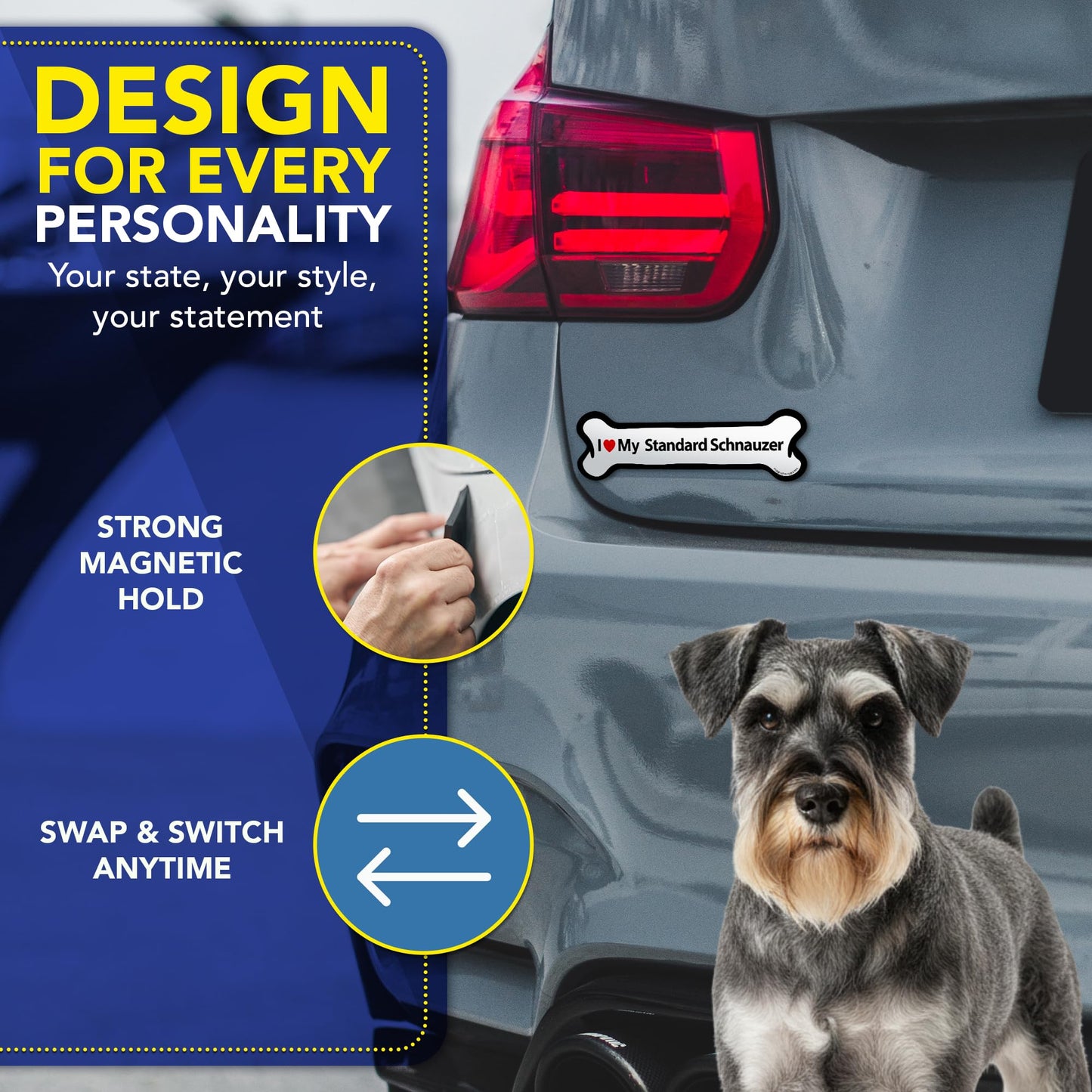 Magnet Me Up I Love My Standard Schnauzer 2x7 Inches Bone-Shaped - Magnetic Decal for Cars, Trucks and SUVs, Ideal Gift for Dog Lover, Car Magnet Accessory, Weatherproof UV-Printed, Crafted in USA