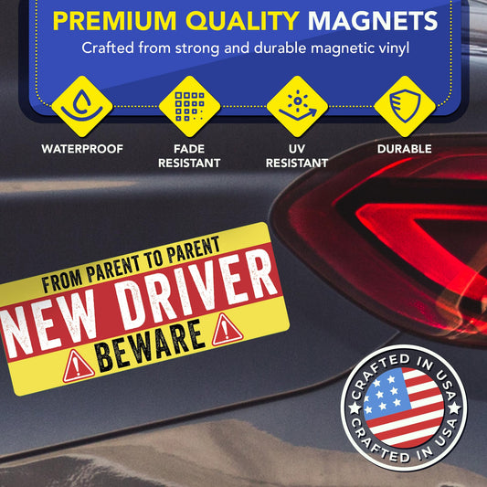Magnet Me Up from Parent to Parent New Driver Car Magnet 3x8 Inches - Beware Student Driver Sign Funny Magnetic Decal for Cars, Trucks & SUVs Accessories Waterproof UV Printed, Crafted in USA
