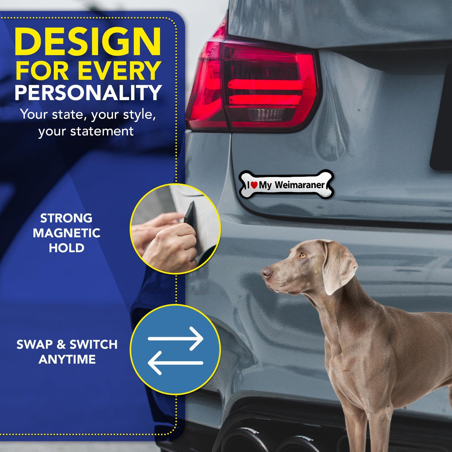 Magnet Me Up I Love My Weimaraner Car Magnet for Dog Lovers - 2x7 Inches Bone-Shaped Magnetic Decal for Cars, Trucks & SUVs, Waterproof, Durable Full-Color UV Printed Vinyl, Crafted in USA