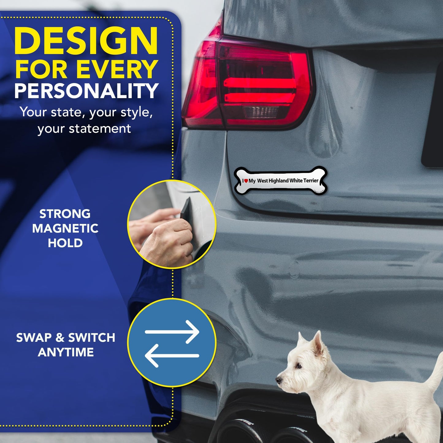 Magnet Me Up I Love My West Highland White Terrier Car Magnet 2" x 7" Bone - Magnetic Decal for Cars, Trucks and SUVs, Ideal Gift for Dog Lover, UV Printed Weatherproof Vinyl, Crafted in USA