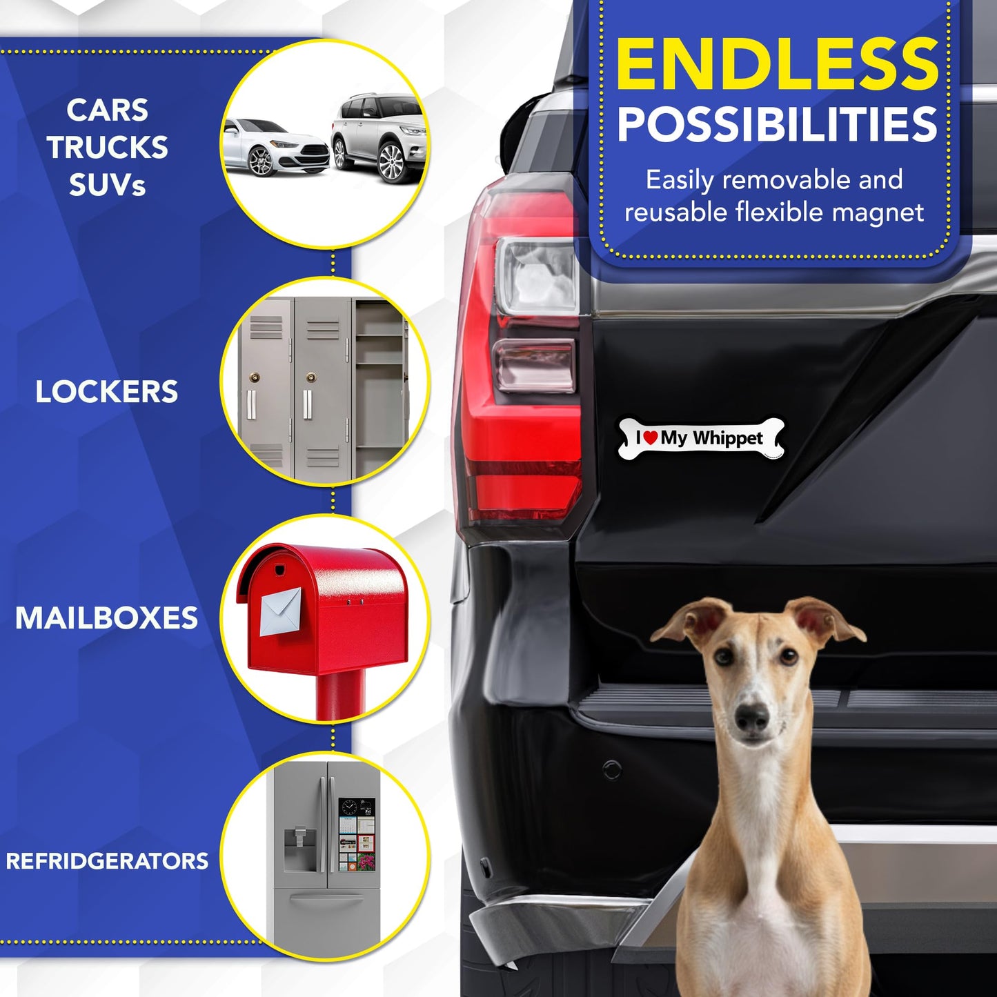 Magnet Me Up I Love My Whippet Dog Bone 2" x 7" Car Magnet - Ideal Accessory Gift for Dog Lovers, Magnetic Decal for Cars, Trucks & SUVs, Weatherproof UV Printed Full-Color Vinyl, Crafted in USA