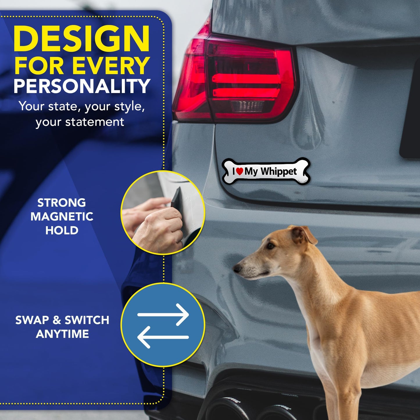 Magnet Me Up I Love My Whippet Dog Bone 2" x 7" Car Magnet - Ideal Accessory Gift for Dog Lovers, Magnetic Decal for Cars, Trucks & SUVs, Weatherproof UV Printed Full-Color Vinyl, Crafted in USA