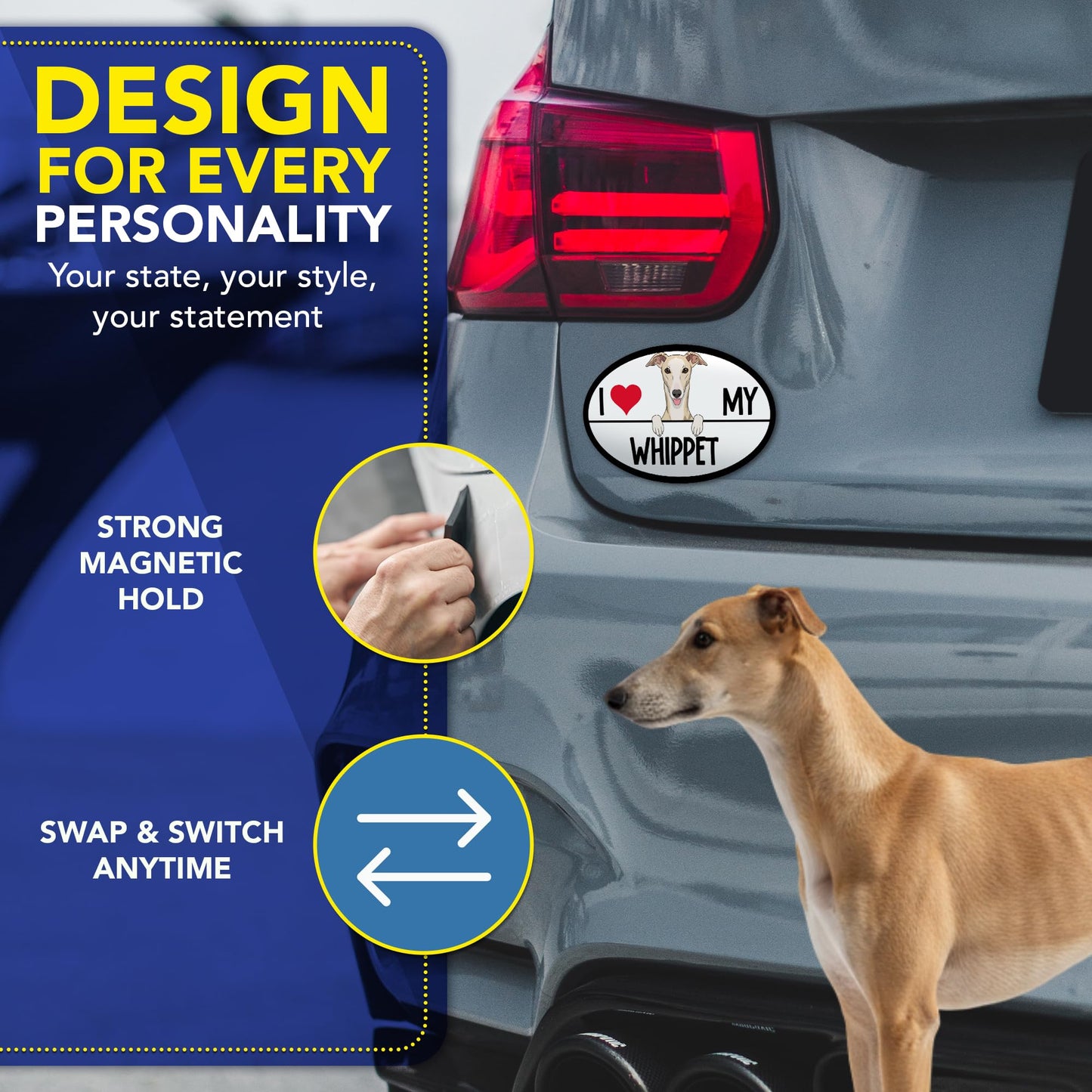Magnet Me Up I Love My Whippet Dog Oval 4" x 6" Car Magnet - Ideal Accessory Gift for Dog Lovers, Magnetic Decal for Cars, Trucks & SUVs, Weatherproof UV Printed Full-Color Vinyl, Crafted in USA