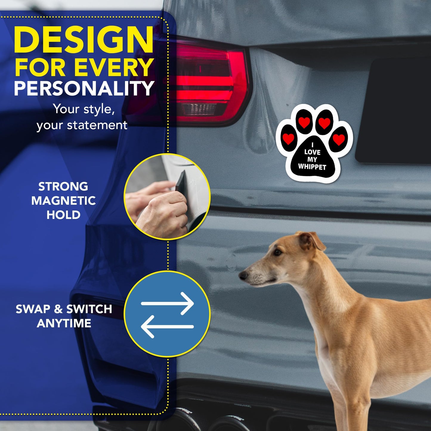 Magnet Me Up I Love My Whippet Dog Pawprint 5" Car Magnet - Ideal Accessory Gift for Dog Lovers, Magnetic Decal for Cars, Trucks & SUVs, Weatherproof UV Printed Full-Color Vinyl, Crafted in USA