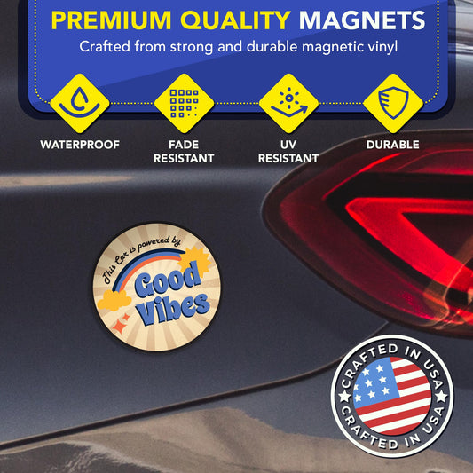 Magnet Me Up This Car is Powered by Good Vibes Car Magnet - 5 Inches Round Funny Magnetic Decal for Cars, Trucks and SUVs, Retro Aesthetic Reusable Accessory UV-Printed Vinyl, Crafted in USA