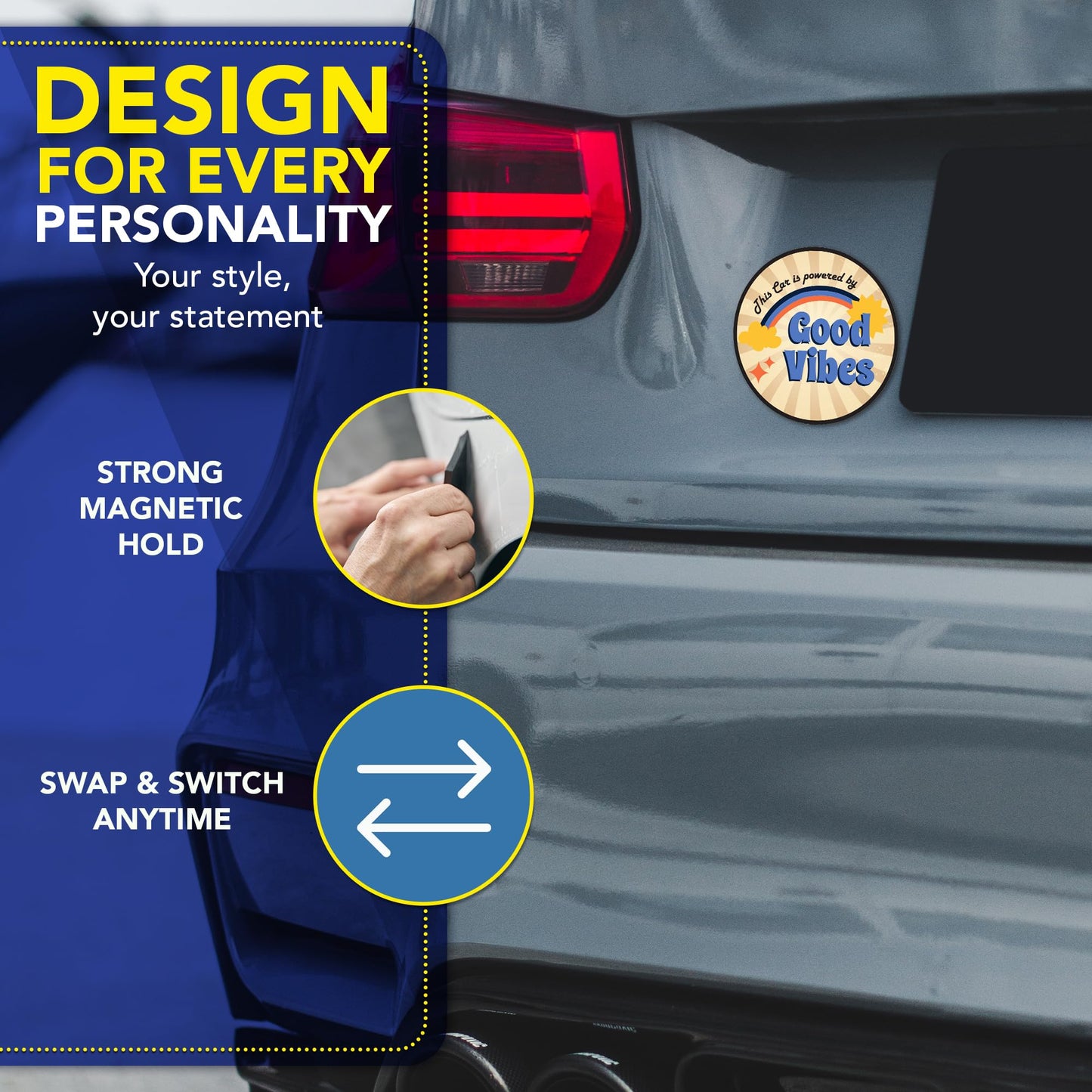 Magnet Me Up This Car is Powered by Good Vibes Car Magnet - 5 Inches Round Funny Magnetic Decal for Cars, Trucks and SUVs, Retro Aesthetic Reusable Accessory UV-Printed Vinyl, Crafted in USA