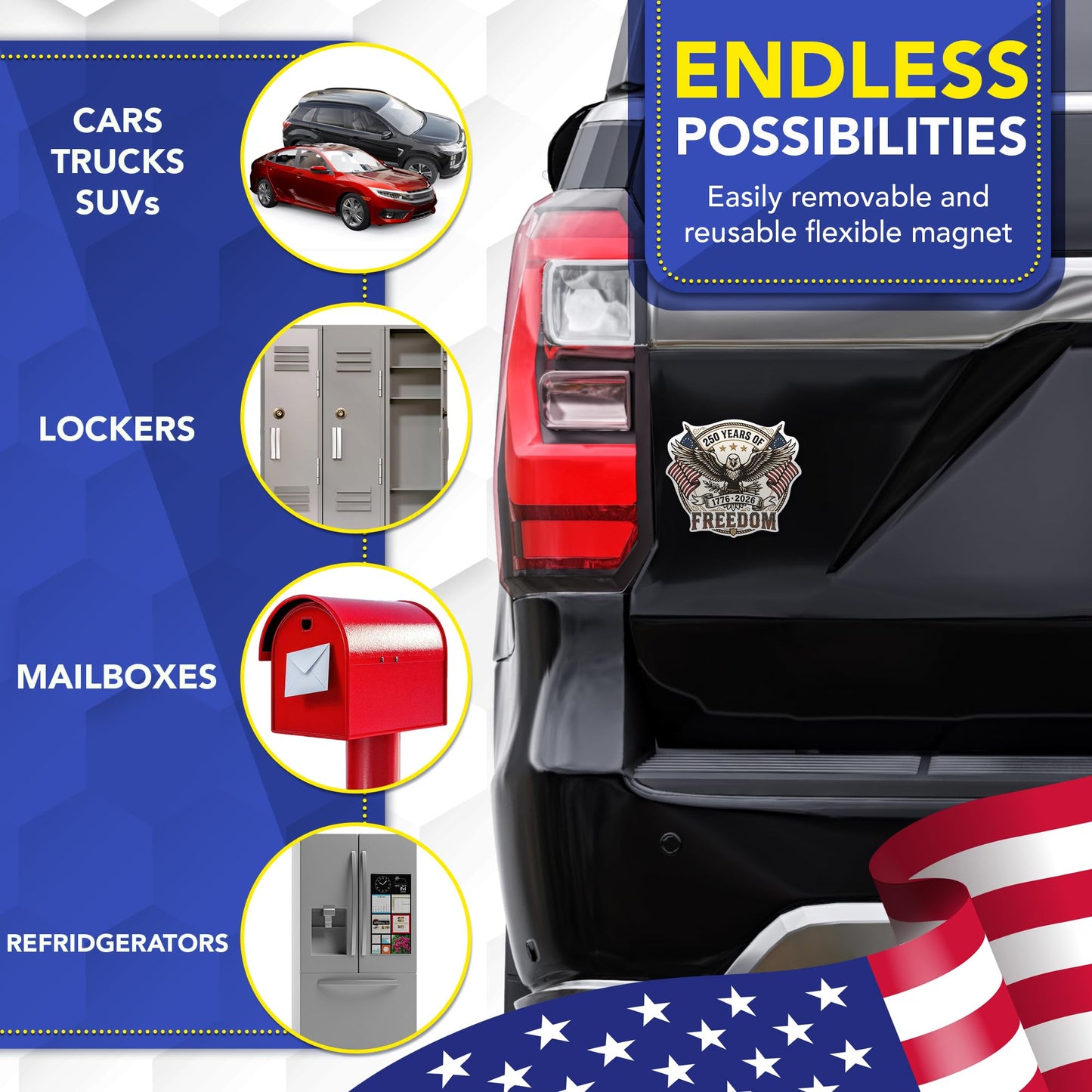 Magnet Me Up 250 Years of Freedom (1776-2026) 5" Patriotic Car Magnet - America 250th Anniversary Accessory, Magnetic Decal for Cars, Trucks and SUVs, UV Printed Vinyl, Crafted in USA
