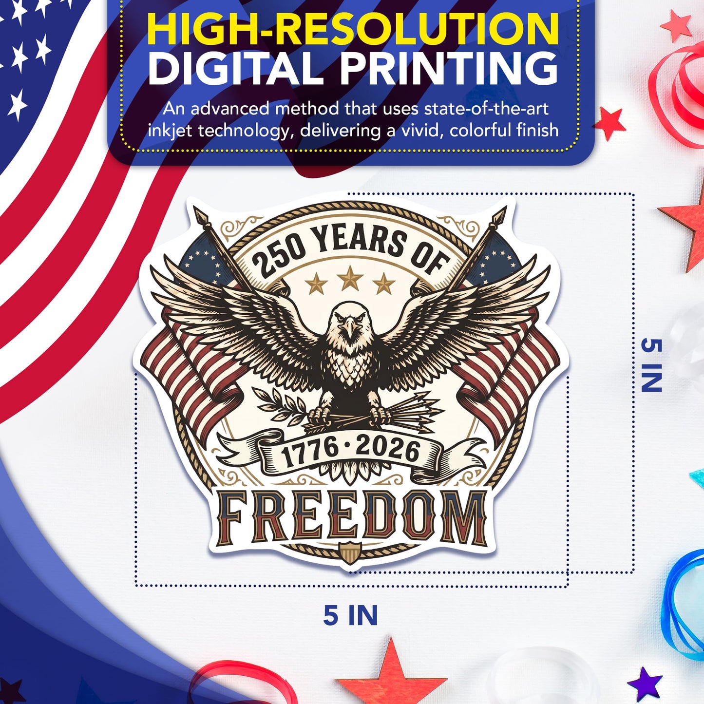 Magnet Me Up 250 Years of Freedom (1776-2026) 5" Patriotic Car Magnet - America 250th Anniversary Accessory, Magnetic Decal for Cars, Trucks and SUVs, UV Printed Vinyl, Crafted in USA