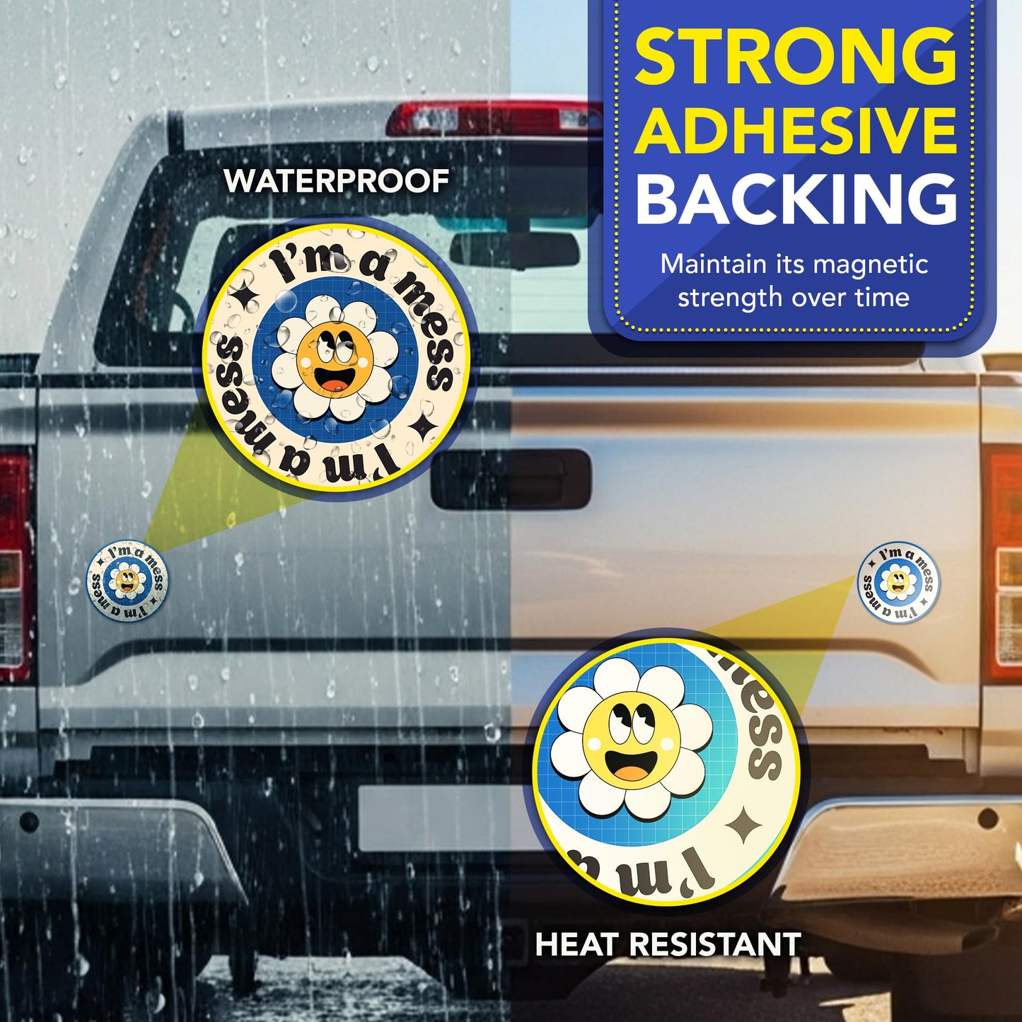 Magnet Me Up I’m a Mess 5 Inches Round Funny Car Magnet - Cute Daisy Magnetic Decal for Cars, Trucks & SUVs - Waterproof UV Printed Magnet Accessory, Full Color Durable Vinyl, Crafted in USA
