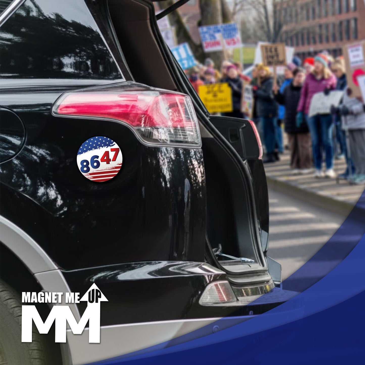 Magnet Me Up 8647 Car Magnet Anti-Trump Political Magnet for Cars, Truck, SUV- 5" Round Magnetic Vinyl, American Flag Background, Protest Magnet, UV Printed, Weatherproof, Crafted in USA