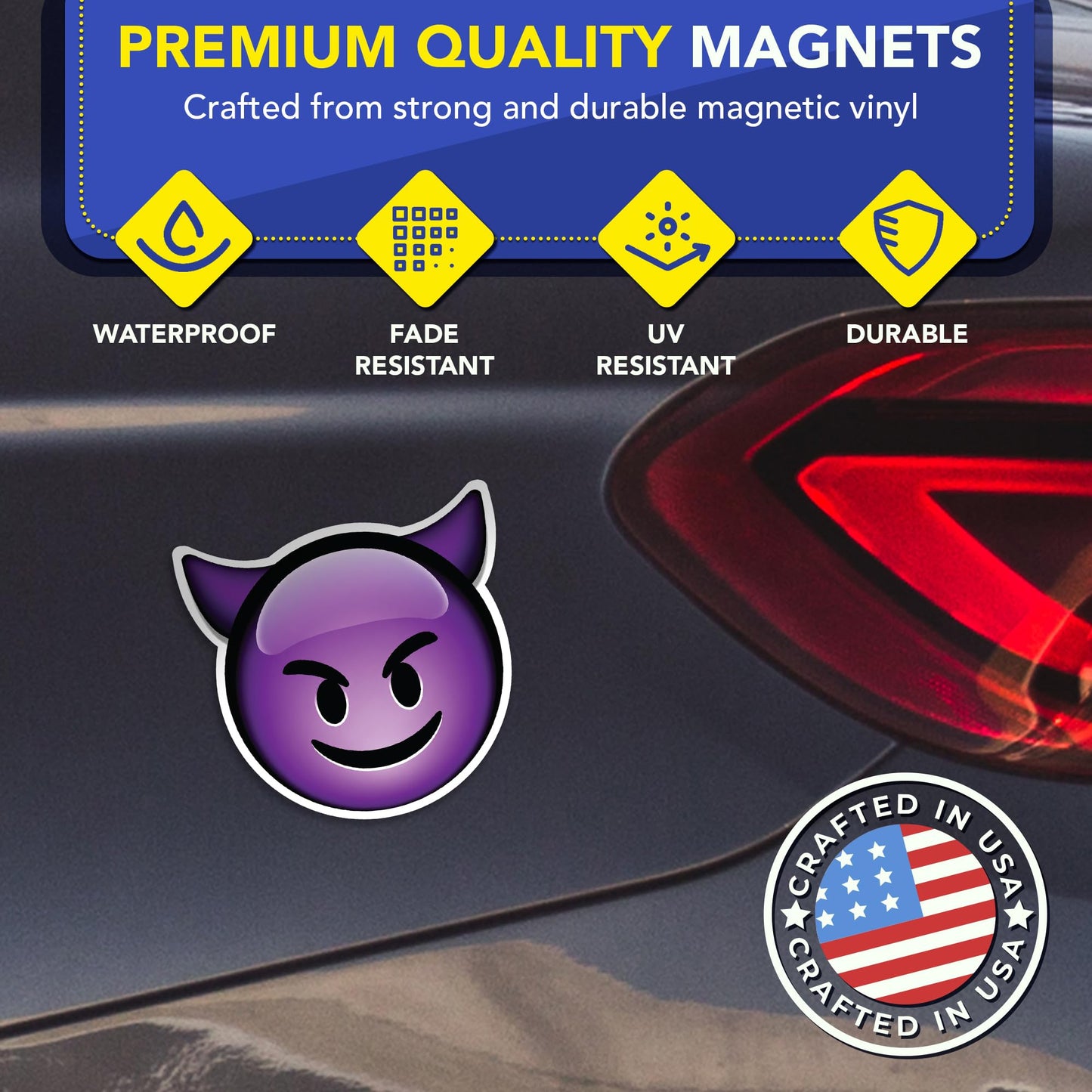 Magnet Me Up Smiling Devil Emoticon Magnetic Decal - 5" Purple Mischievous Emoticon Car Magnet Decal for Cars, Trucks, Lockers, Fridge & Gifts, UV Printed, Cute Funny Devil Face Magnet, Made in USA