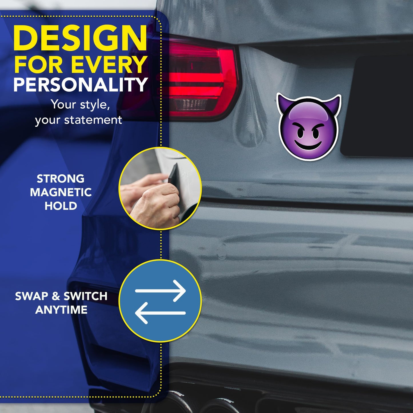 Magnet Me Up Smiling Devil Emoticon Magnetic Decal - 5" Purple Mischievous Emoticon Car Magnet Decal for Cars, Trucks, Lockers, Fridge & Gifts, UV Printed, Cute Funny Devil Face Magnet, Made in USA