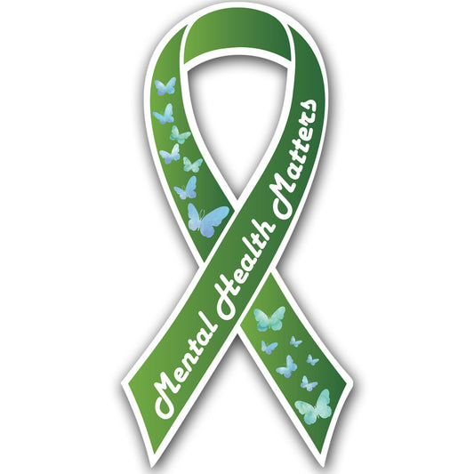 Magnet Me Up Mental Health Matters Ribbon Magnetic Decal, 3.5"x7" Green Awareness Ribbon Magnet with Butterflies, Heavy Duty Automotive Accessory Awareness Gift, Waterproof Vinyl, Crafted in USA