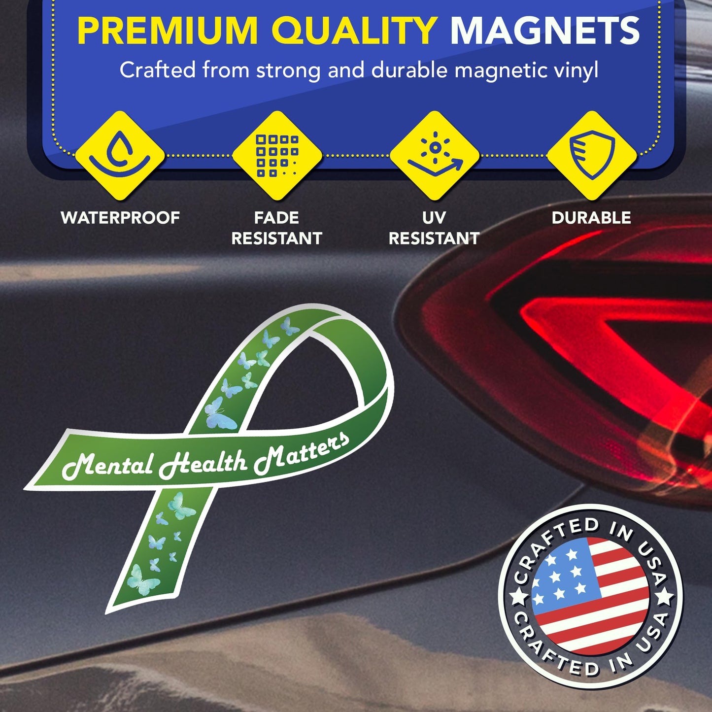 Magnet Me Up Mental Health Matters Ribbon Magnetic Decal, 3.5"x7" Green Awareness Ribbon Magnet with Butterflies, Heavy Duty Automotive Accessory Awareness Gift, Waterproof Vinyl, Crafted in USA