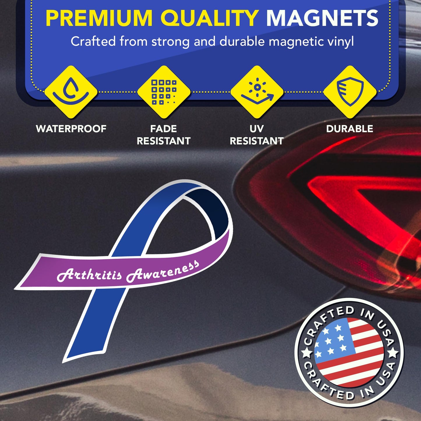 Magnet Me Up Arthritis Awareness Ribbon Car Magnet,3.5"x7" Blue and Purple Arthritis Automotive Accessory, Magnetic Decal for Cars, Trucks and SUVs, Full Color UV-Printed, Waterproof, Made in USA