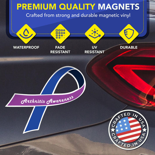 Magnet Me Up Arthritis Awareness Ribbon Car Magnet,3.5"x7" Blue and Purple Arthritis Automotive Accessory, Magnetic Decal for Cars, Trucks and SUVs, Full Color UV-Printed, Waterproof, Made in USA