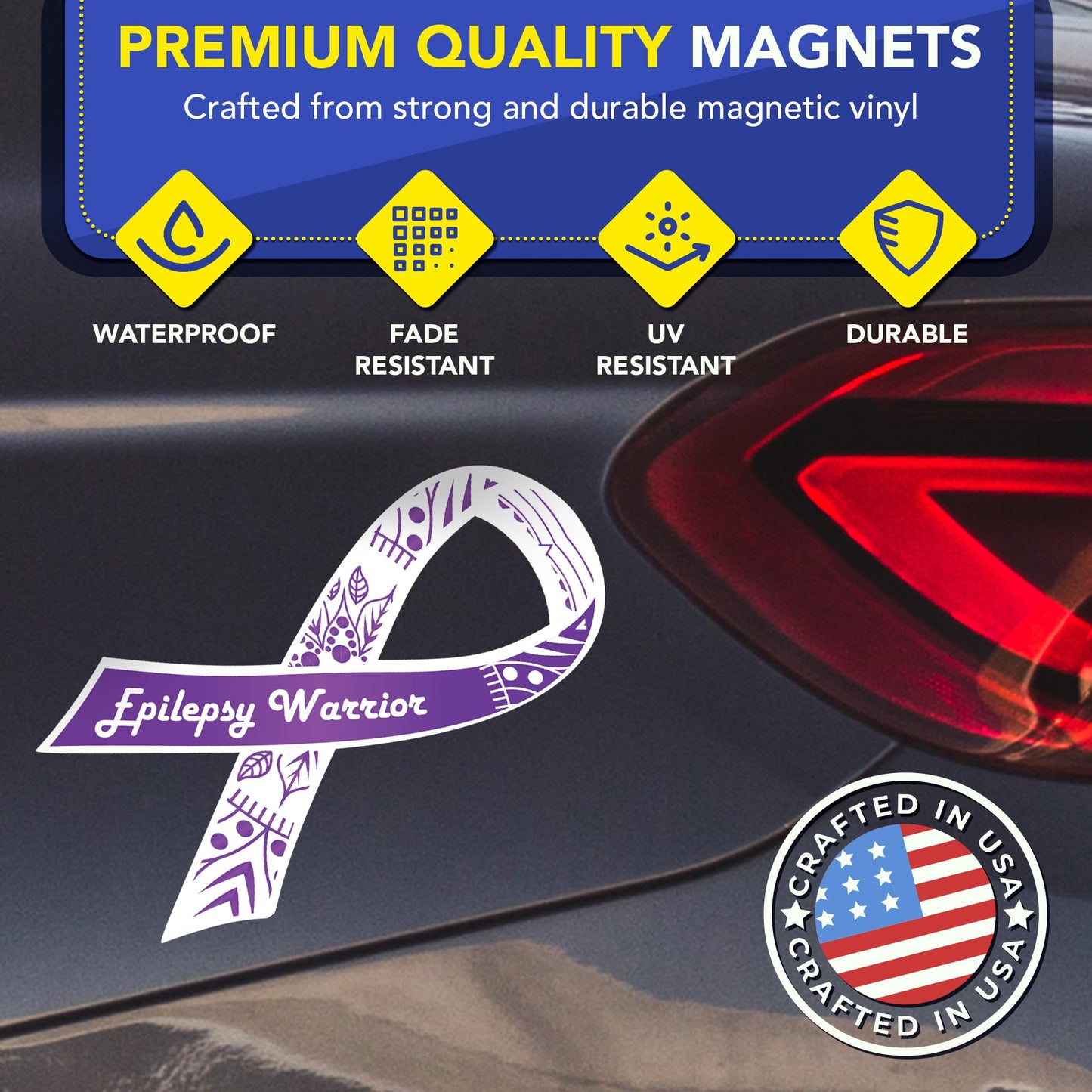Magnet Me Up Epilepsy Awareness Ribbon Car Magnet, 3.5"x7" Magnetic Decal for Cars, Trucks and SUVs, Purple Epilepsy Warrior Ribbon Automotive Accessory Gift, UV Printed, Crafted in USA