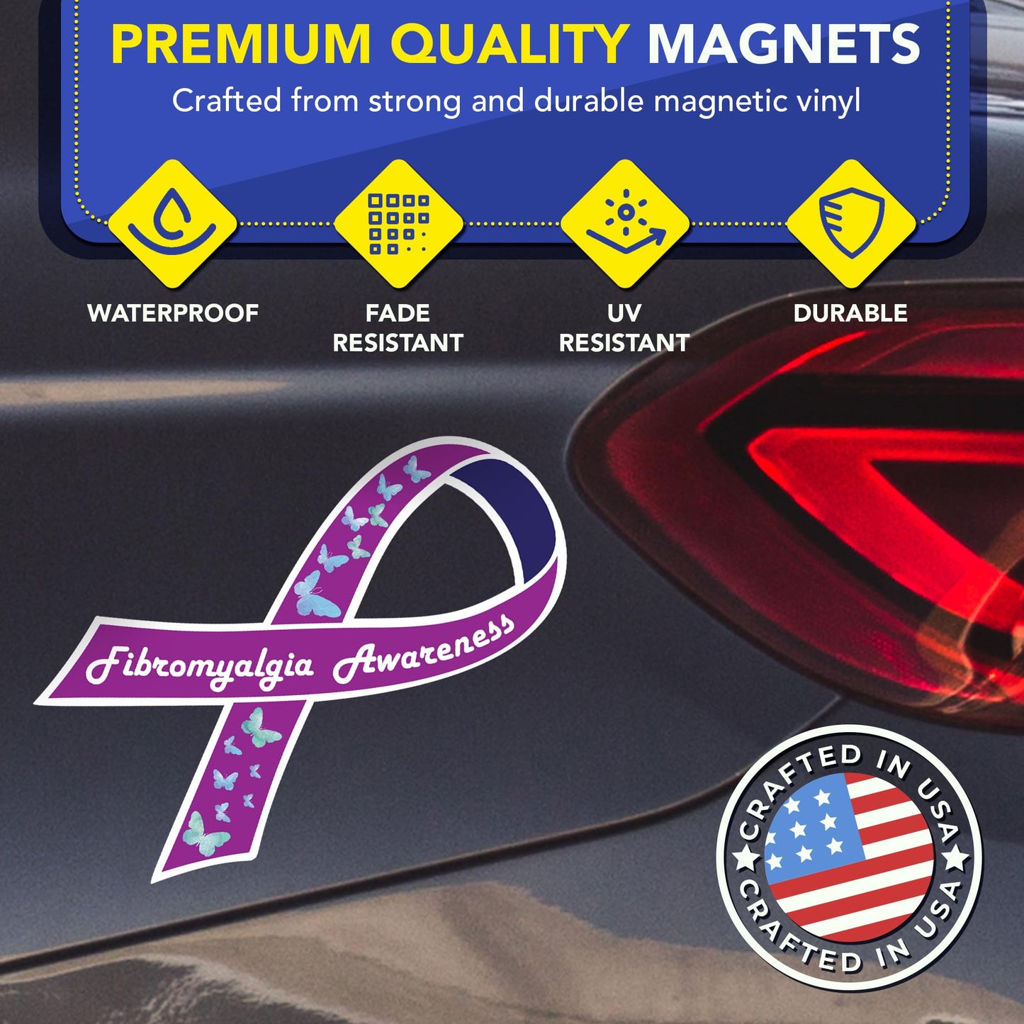 Magnet Me Up Fibromyalgia Awareness Ribbon Car Magnet, 3.5"x7" Magnetic Decal for Car, Truck and SUV, Purple Ribbon with Butterflies, Fibromyalgia Awareness Automotive Accessory, Crafted in USA
