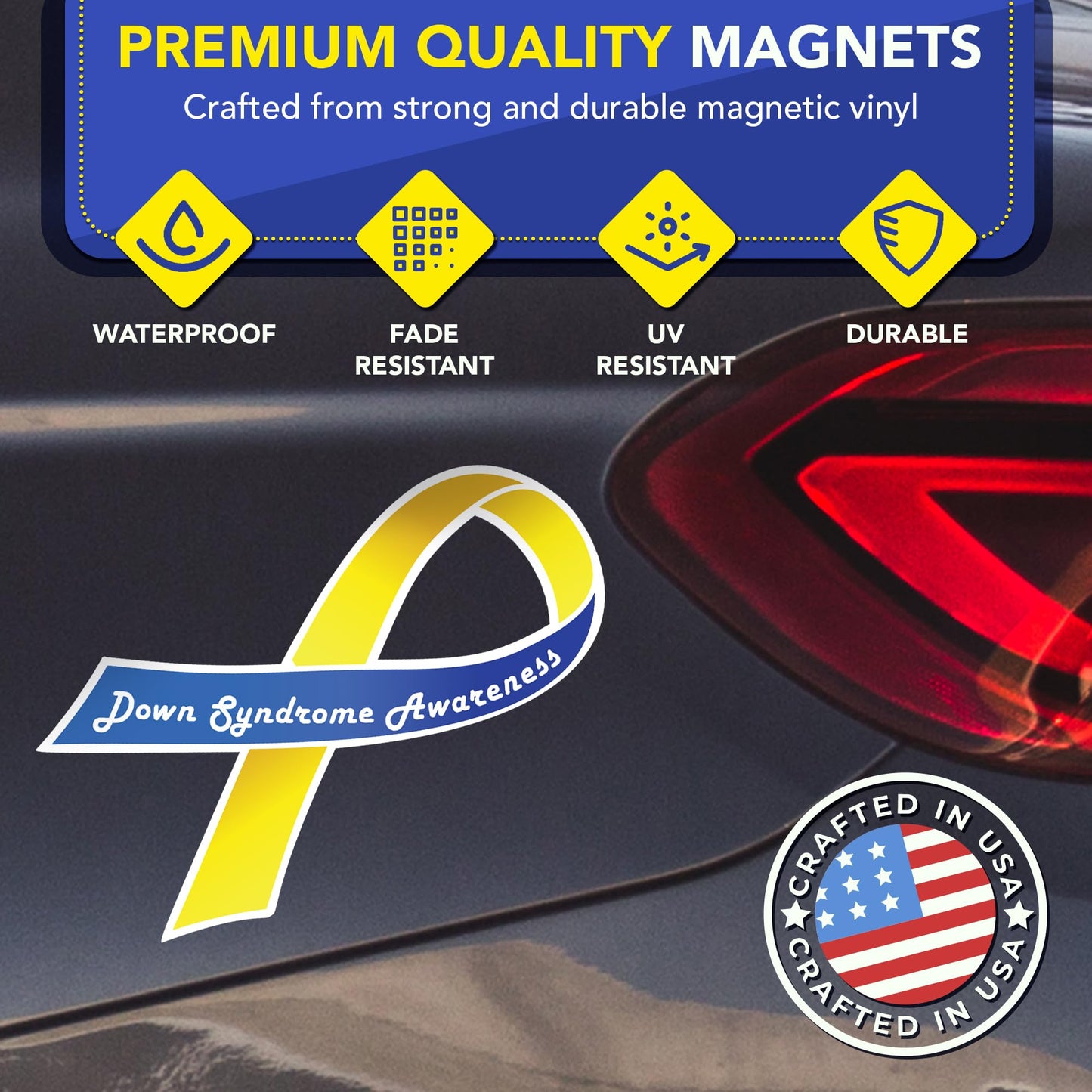 Magnet Me Up Down Syndrome Awareness Car Magnet, 3.5"x7" Blue and Yellow Ribbon Magnetic Decal for Cars, Trucks, SUVs, Down Syndrome Support Heavy Duty Accessory, UV Printed Vinyl, Crafted in USA