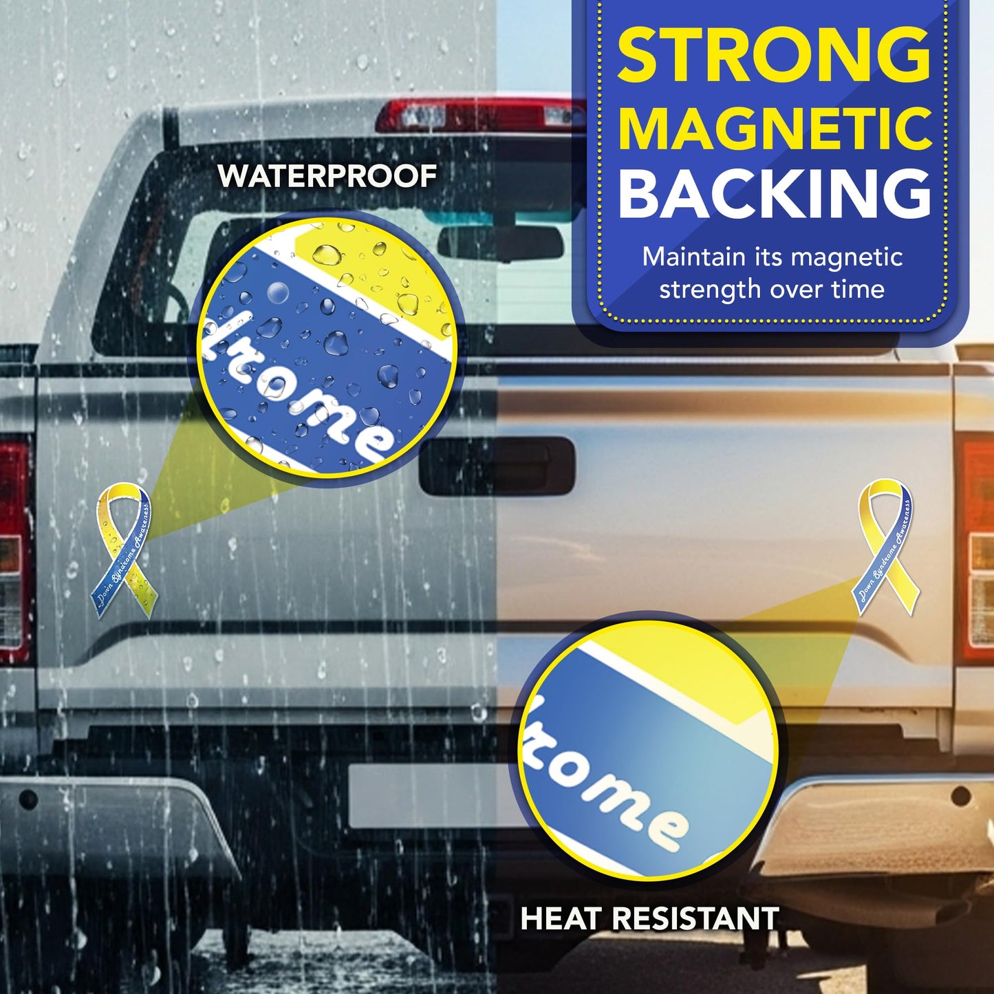 Magnet Me Up Down Syndrome Awareness Car Magnet, 3.5"x7" Blue and Yellow Ribbon Magnetic Decal for Cars, Trucks, SUVs, Down Syndrome Support Heavy Duty Accessory, UV Printed Vinyl, Crafted in USA