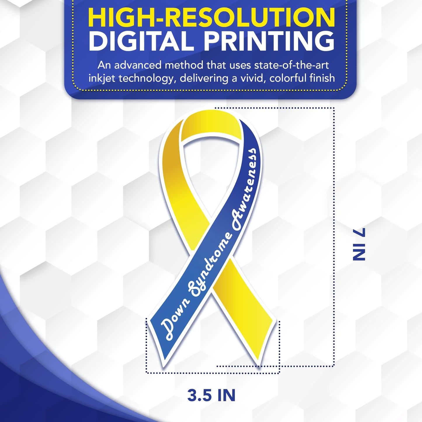 Magnet Me Up Down Syndrome Awareness Car Magnet, 3.5"x7" Blue and Yellow Ribbon Magnetic Decal for Cars, Trucks, SUVs, Down Syndrome Support Heavy Duty Accessory, UV Printed Vinyl, Crafted in USA