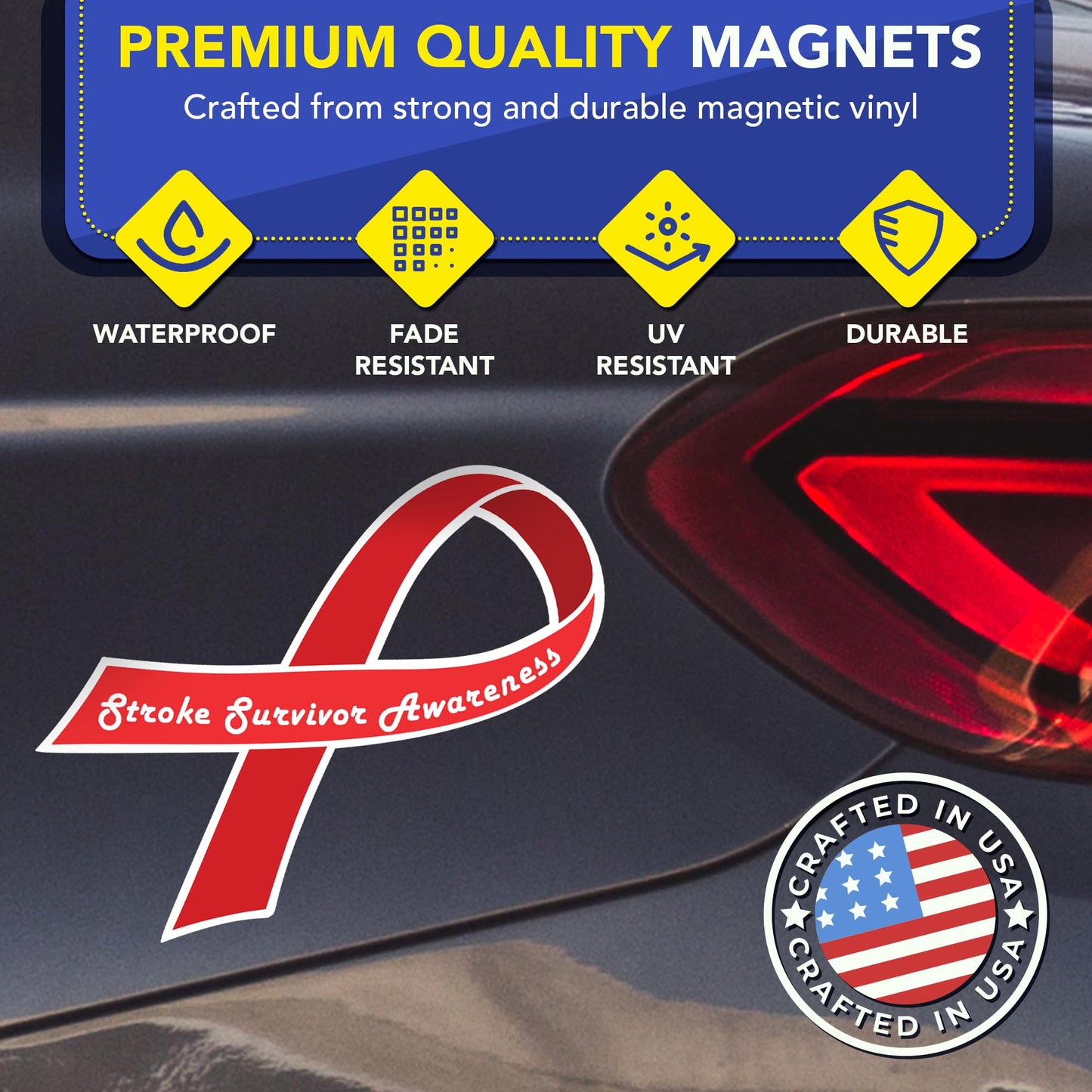 Magnet Me Up Stroke Awareness Ribbon Car Magnet, 3.5"x7" Red Ribbon Magnetic Decal for Car, Trucks and SUVs, Support Heavy Duty Accessory, Waterproof UV Printed for Automotive, Crafted in USA