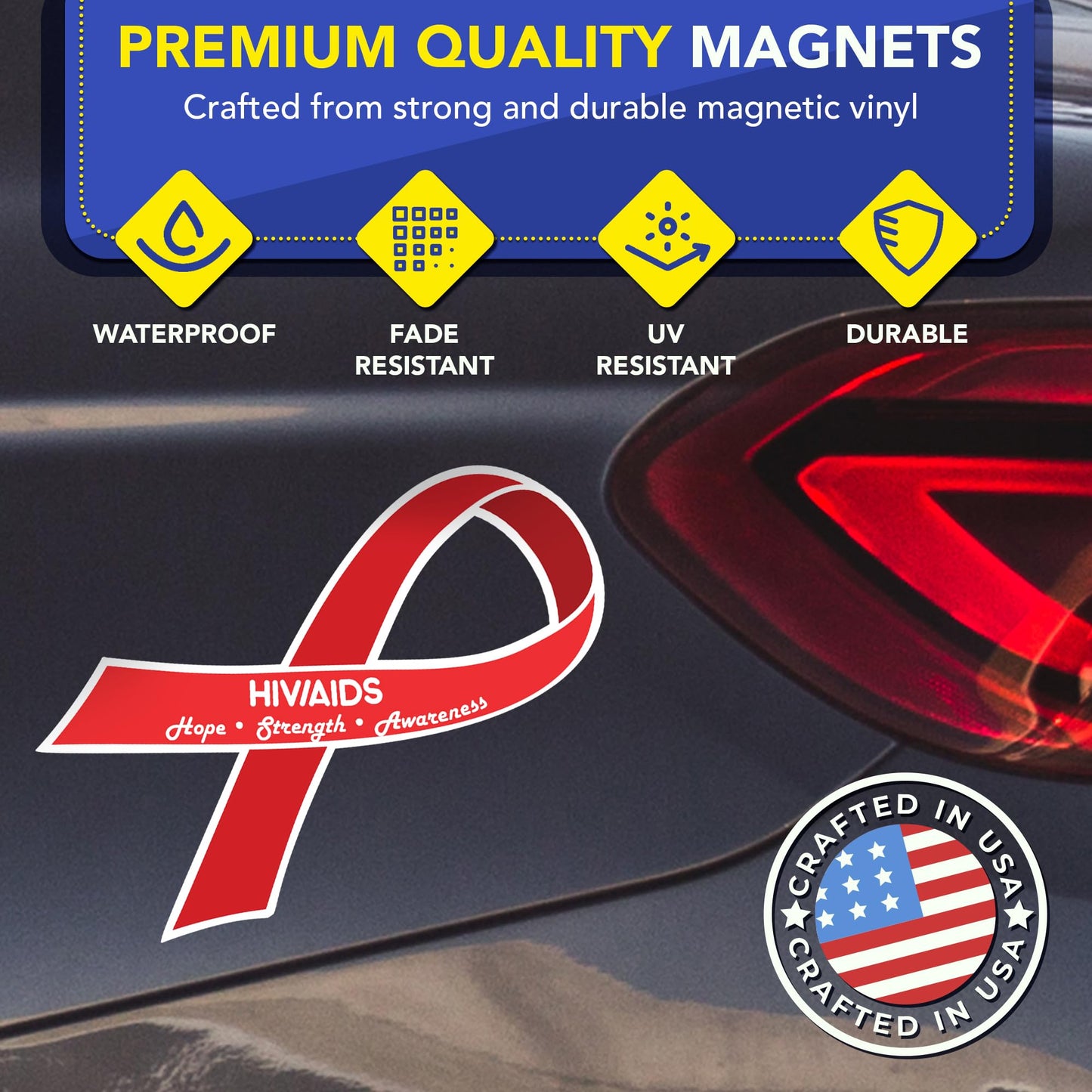 Magnet Me Up HIV/AIDS Awareness Ribbon Car Magnet, 3.5"x7" Red Ribbon Magnetic Decal for Car, Truck and SUV, Gift with Hope, Strength for Automotive Accessory, UV Printed, Vinyl, Crafted in USA