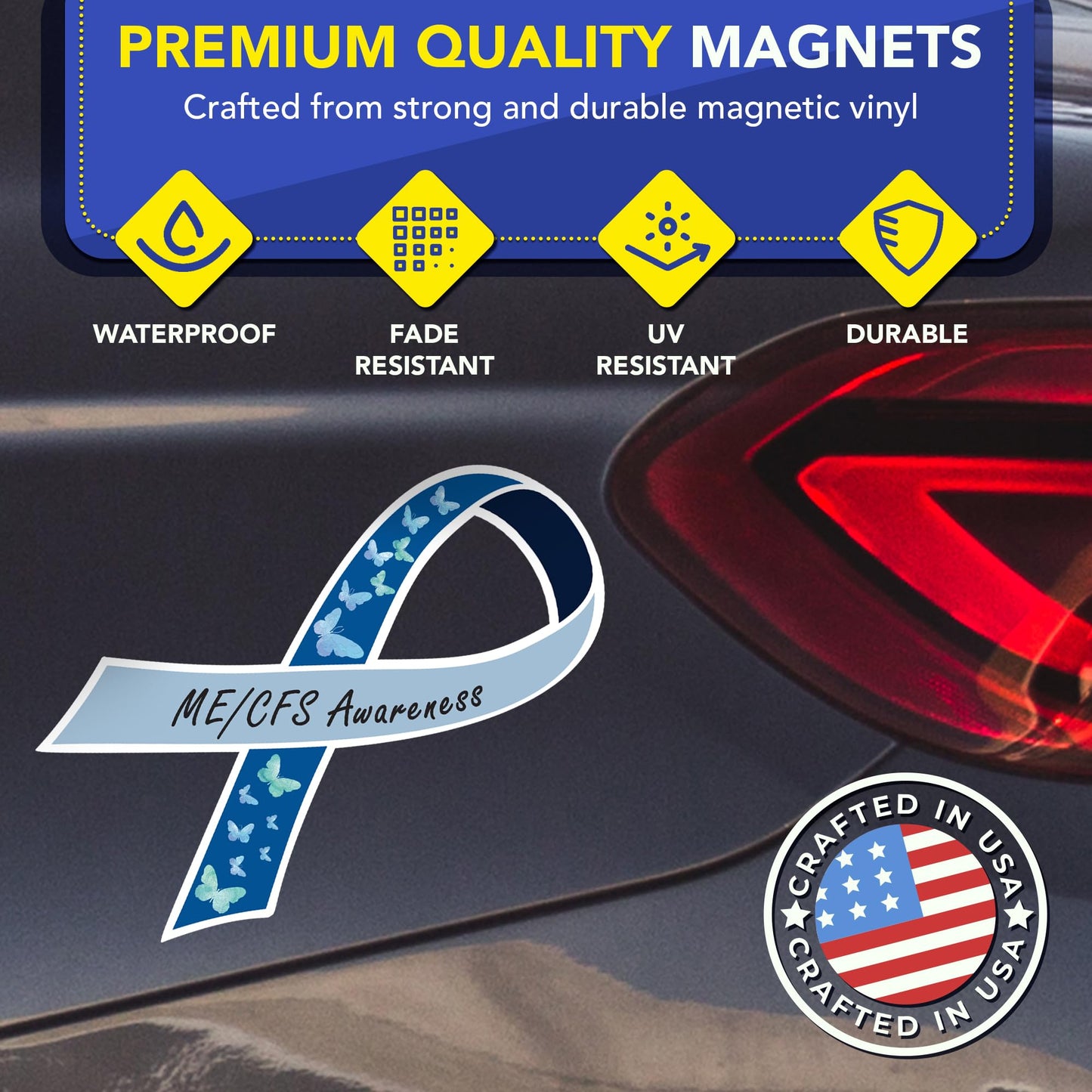 Magnet Me Up ME/CFS Awareness Ribbon Car Magnet, 3.5"x7" Blue Butterfly Magnetic Decal for Cars, Trucks and SUVs, Myalgic Encephalomyelitis Chronic Fatigue Syndrome Accessory, Crafted in USA