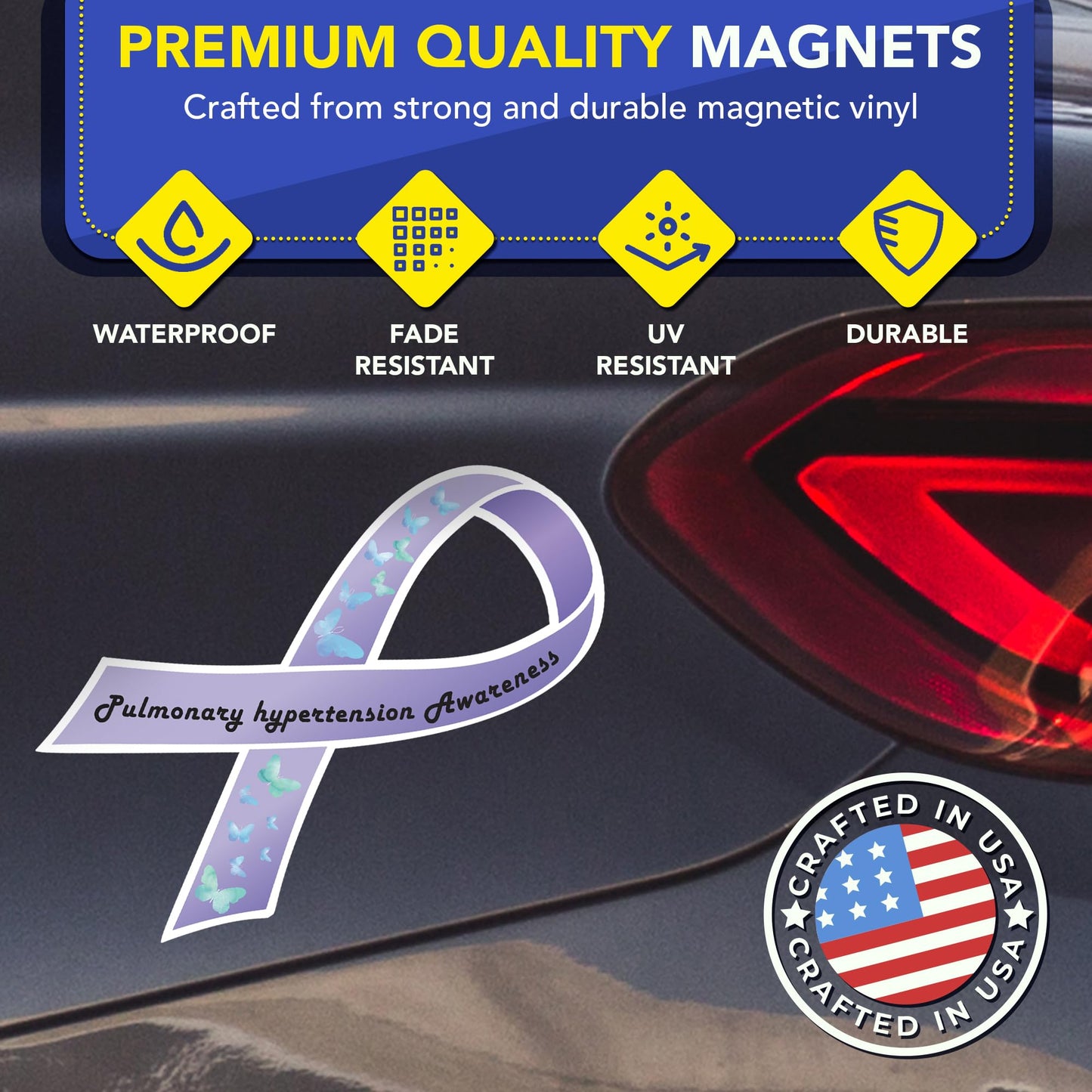 Magnet Me Up Pulmonary Hypertension Awareness Ribbon Car Magnet, 3.5"x7" Lavender Butterfly Magnetic Decal for Vehicles, Refrigerators PH Automotive Accessory Gift for Support, Crafted in USA